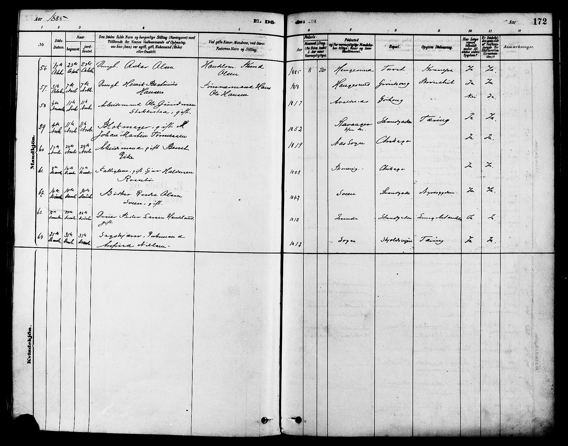 Haugesund sokneprestkontor, AV/SAST-A -101863/H/Ha/Haa/L0003: Parish register (official) no. A 3, 1885-1890, p. 172