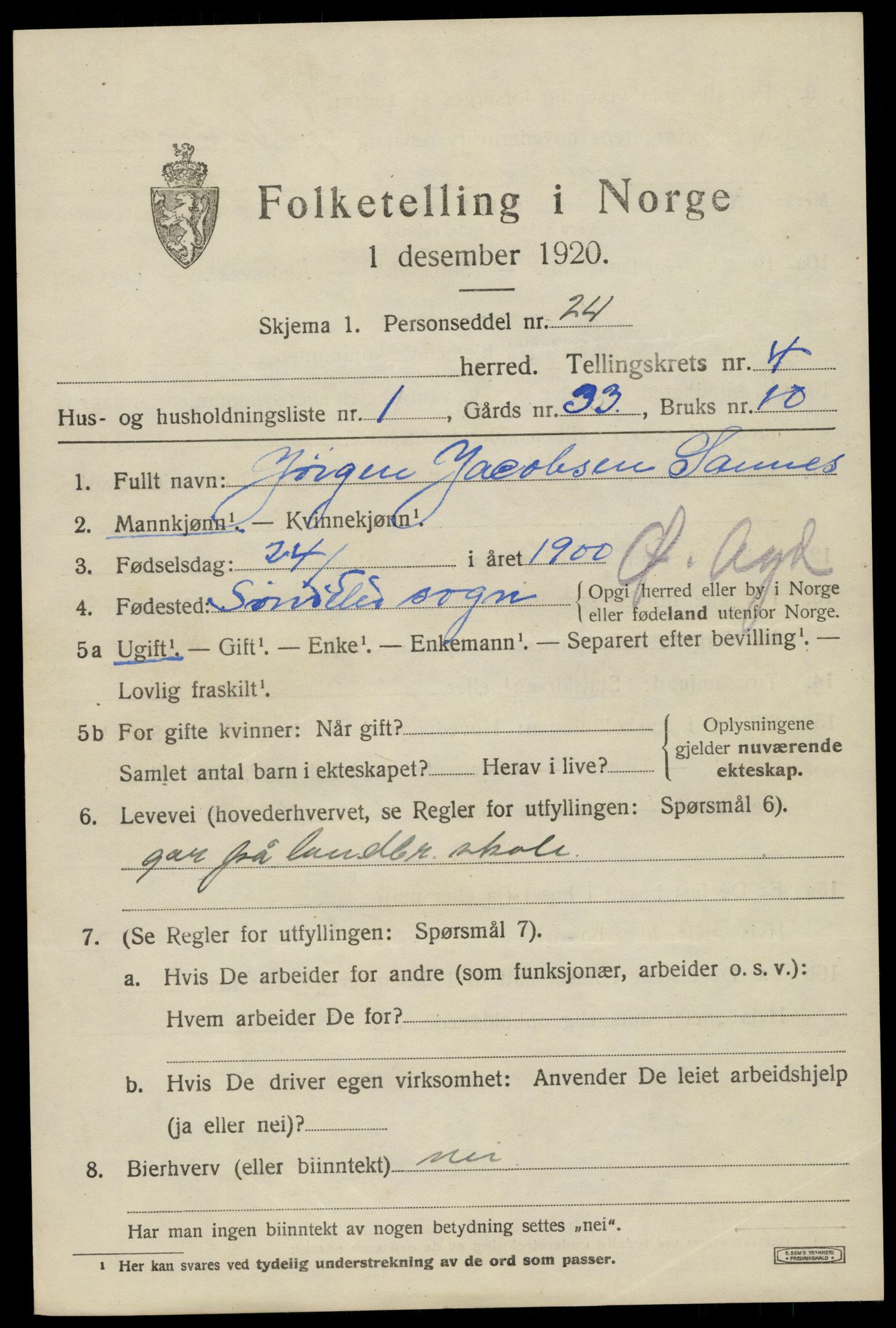 SAK, 1920 census for Holt, 1920, p. 2854