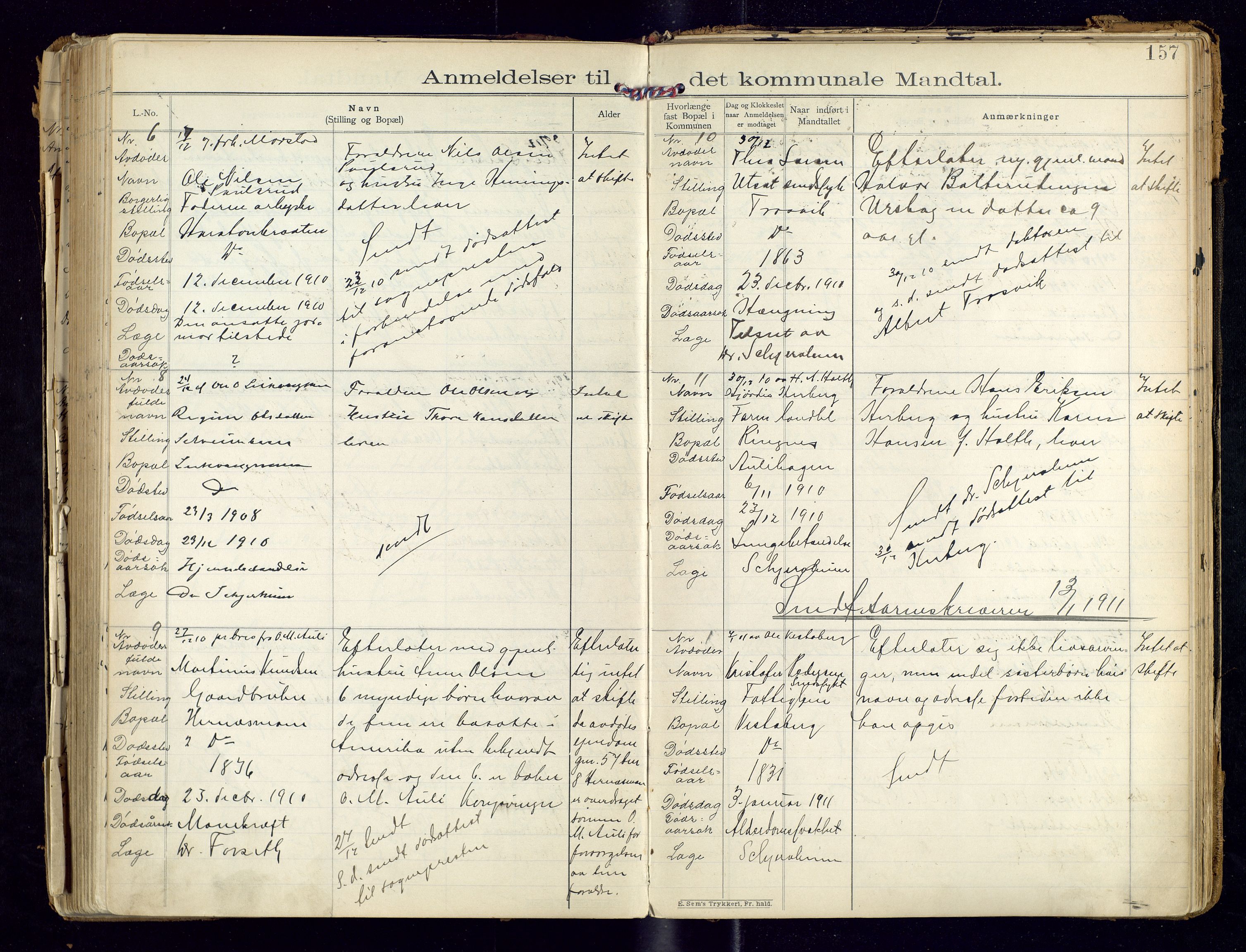 Sør-Odal lensmannskontor, AV/SAH-LHS-022/H/Hb/L0001/0002: Protokoller over anmeldte dødsfall / Protokoll over anmeldte dødsfall, 1901-1913, p. 157