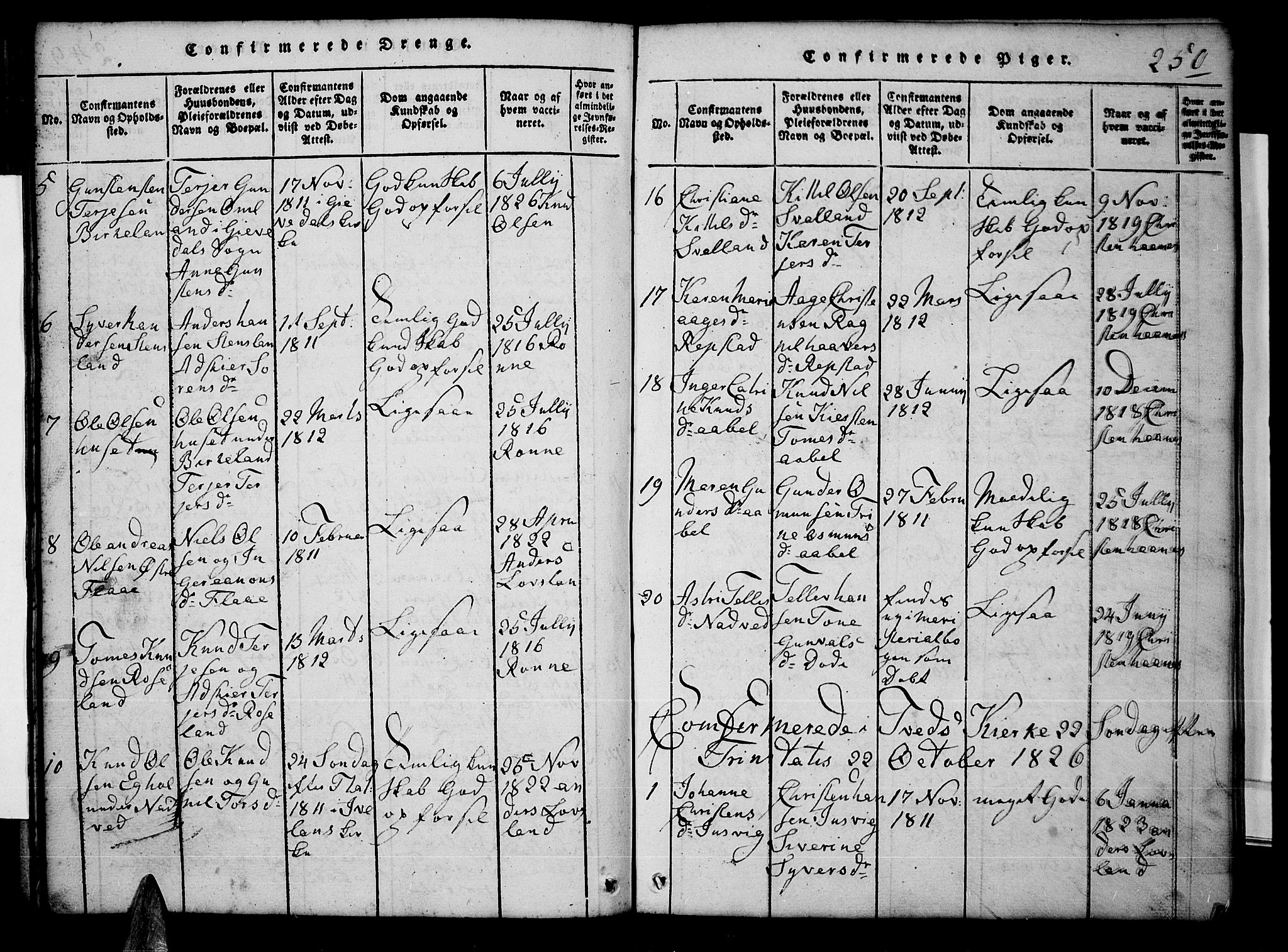 Tveit sokneprestkontor, AV/SAK-1111-0043/F/Fb/L0001: Parish register (copy) no. B 1, 1820-1834, p. 250