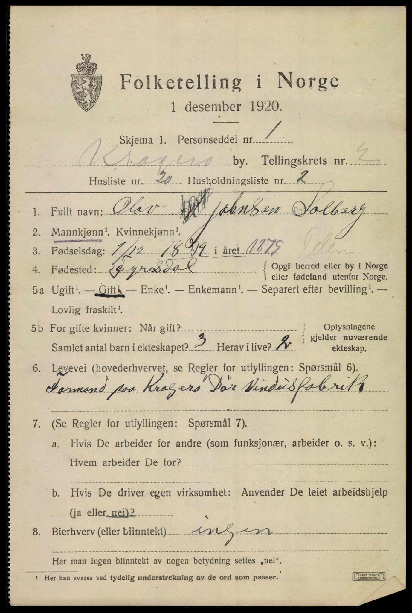 SAKO, 1920 census for Kragerø, 1920, p. 5599