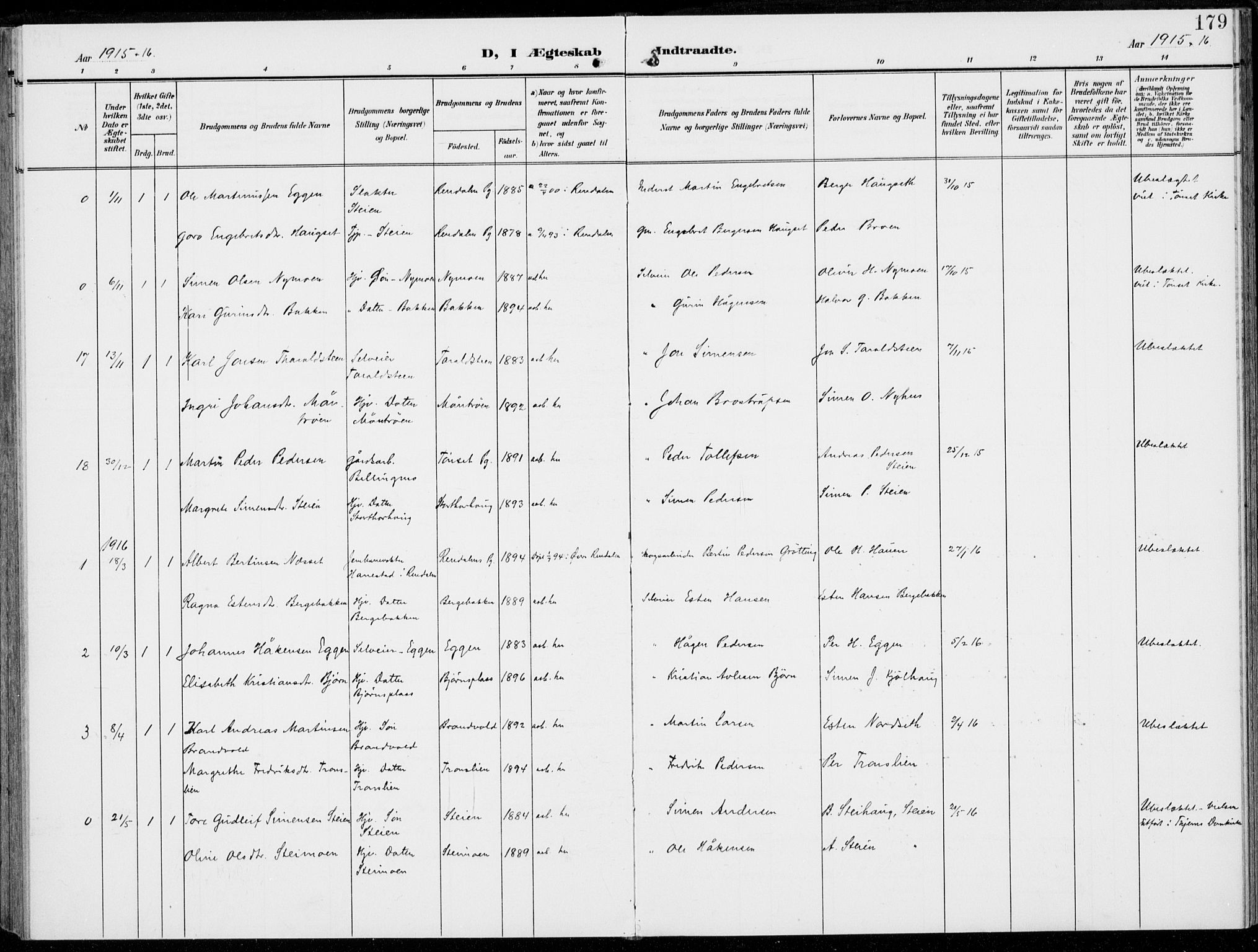 Alvdal prestekontor, SAH/PREST-060/H/Ha/Haa/L0004: Parish register (official) no. 4, 1907-1919, p. 179