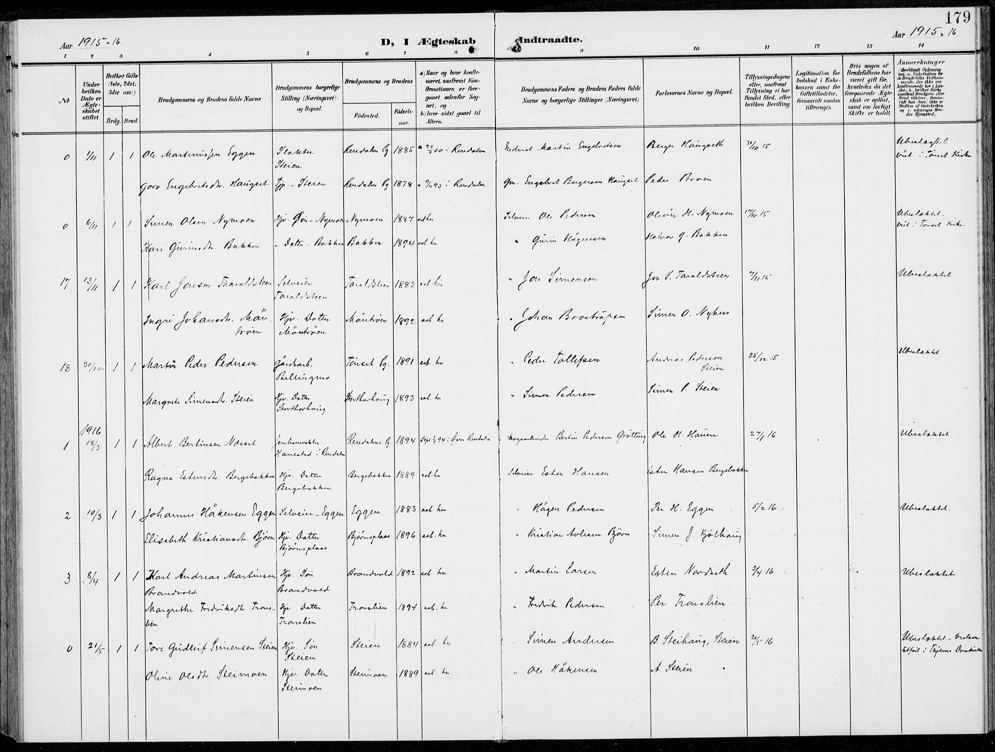 Alvdal prestekontor, AV/SAH-PREST-060/H/Ha/Haa/L0004: Parish register (official) no. 4, 1907-1919, p. 179