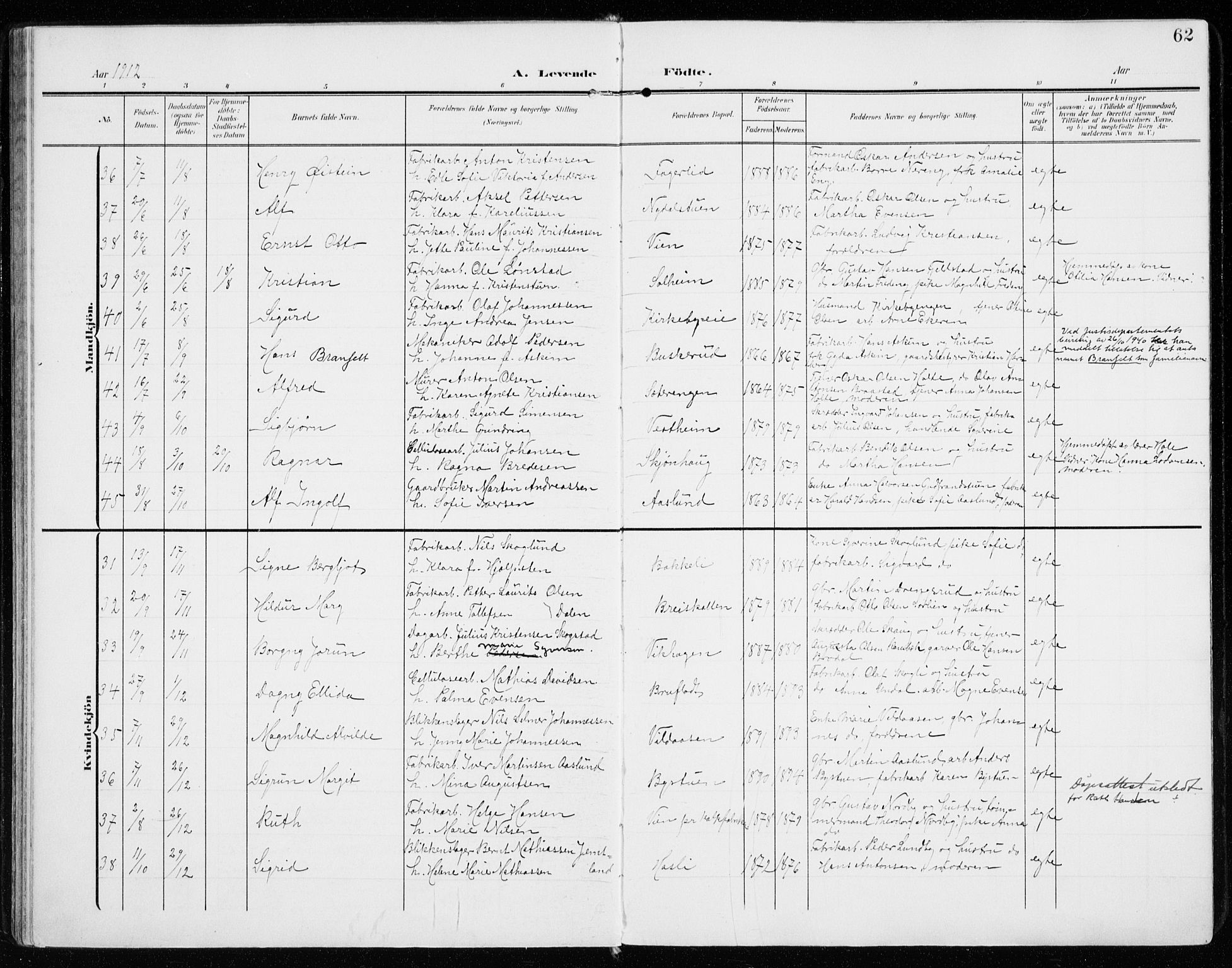 Vardal prestekontor, SAH/PREST-100/H/Ha/Haa/L0016: Parish register (official) no. 16, 1904-1916, p. 62