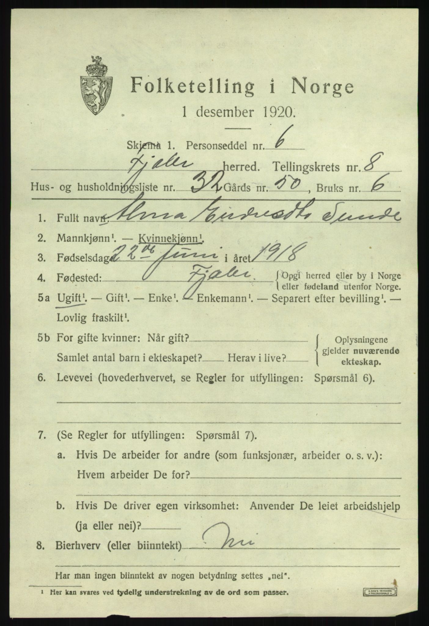 SAB, 1920 census for Fjaler, 1920, p. 4629