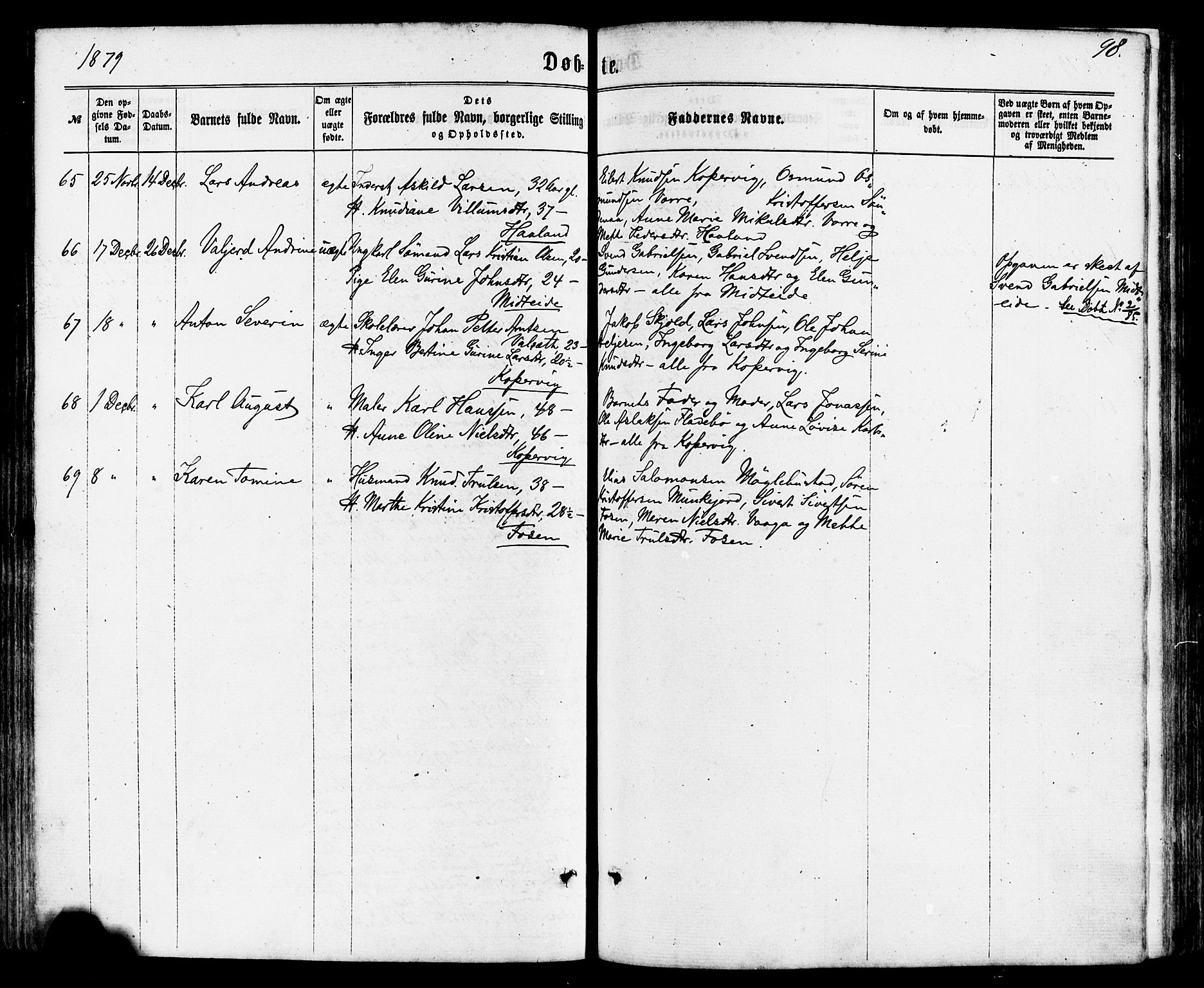 Avaldsnes sokneprestkontor, SAST/A -101851/H/Ha/Haa/L0011: Parish register (official) no. A 11, 1861-1880, p. 98
