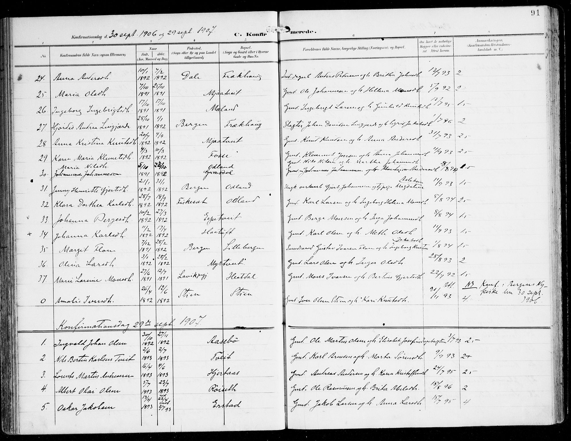 Alversund Sokneprestembete, SAB/A-73901/H/Ha/Haa/Haac/L0002: Parish register (official) no. C 2, 1901-1921, p. 91