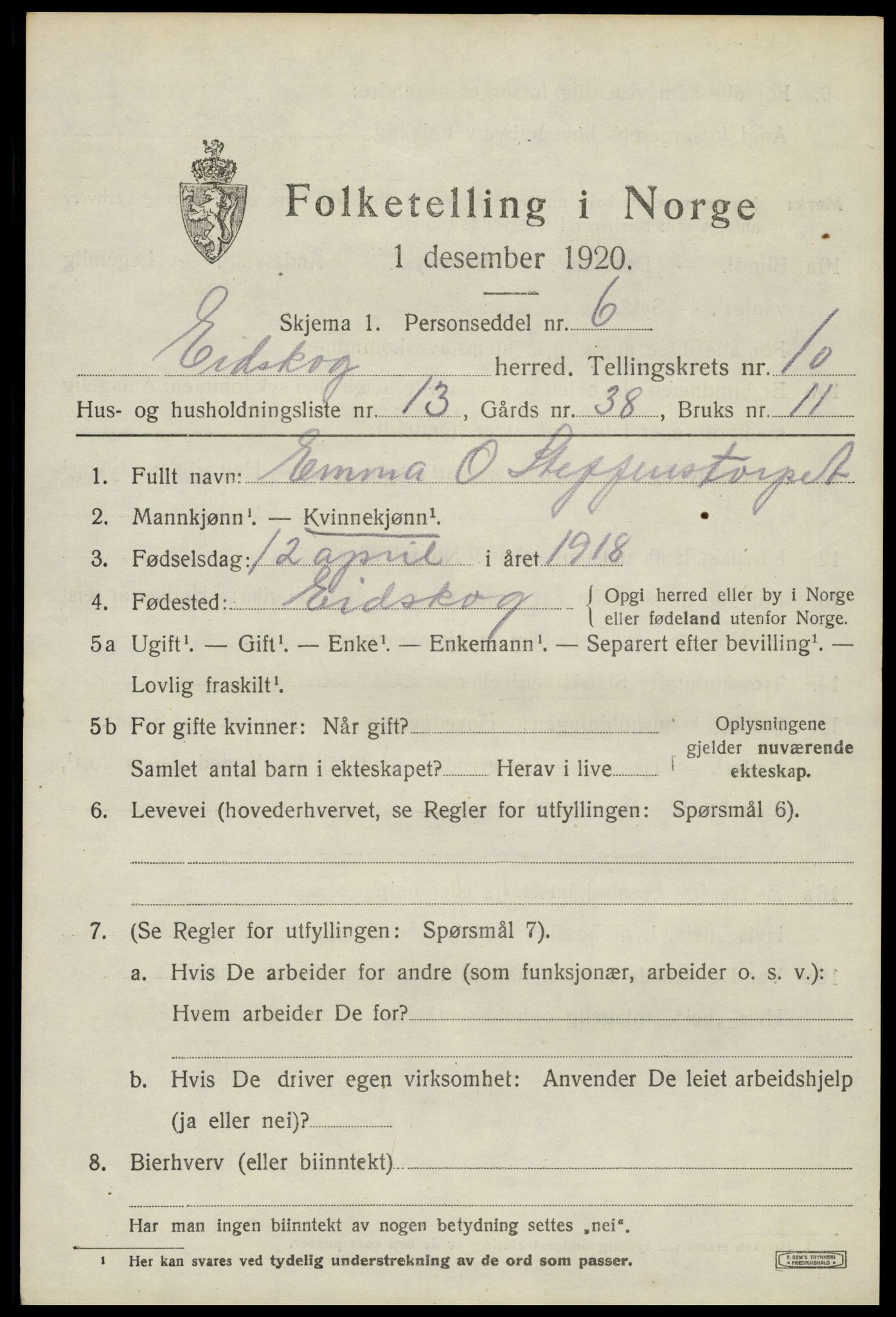 SAH, 1920 census for Eidskog, 1920, p. 11289