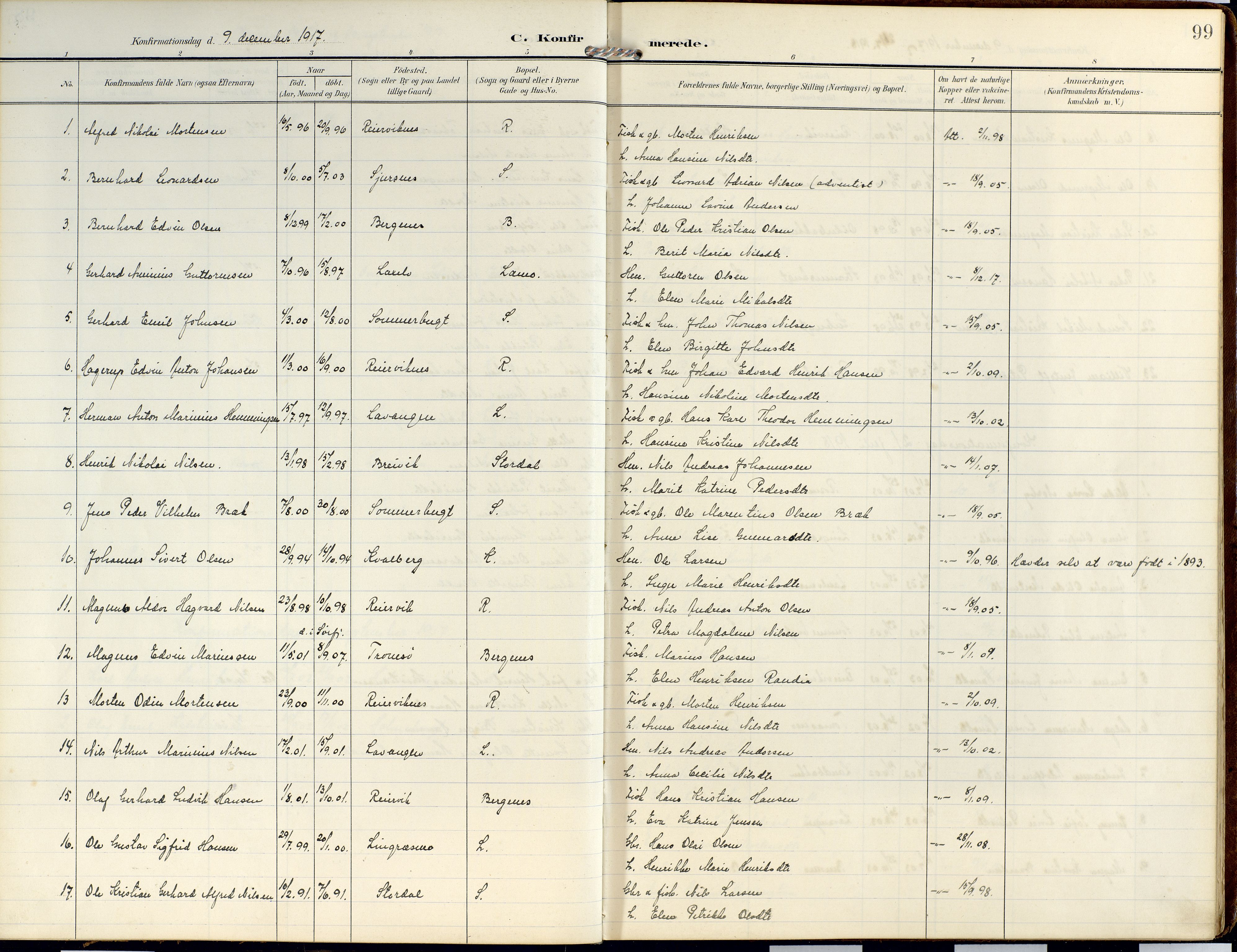 Lyngen sokneprestembete, AV/SATØ-S-1289/H/He/Hea/L0014kirke: Parish register (official) no. 14, 1905-1920, p. 99