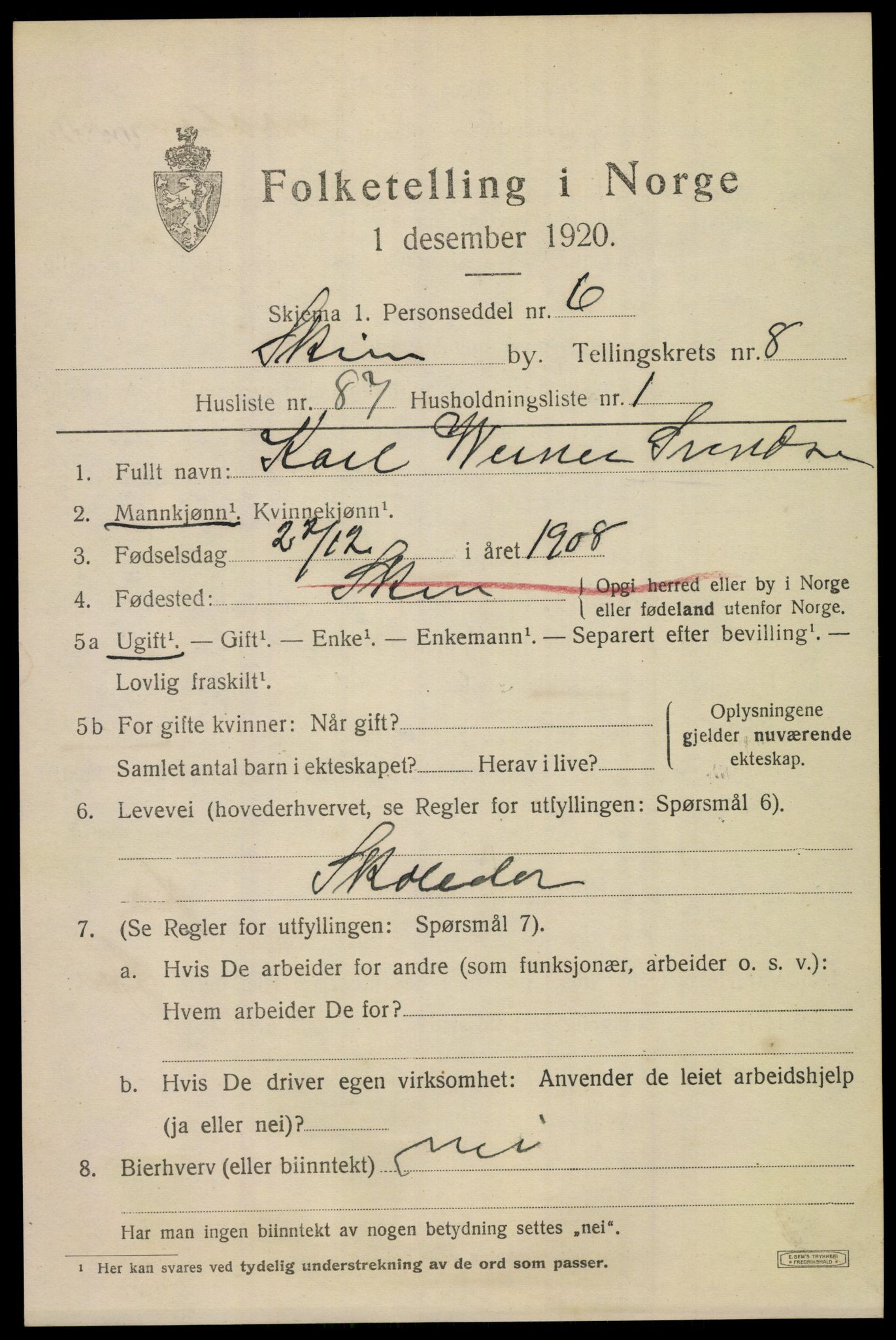 SAKO, 1920 census for Skien, 1920, p. 28604