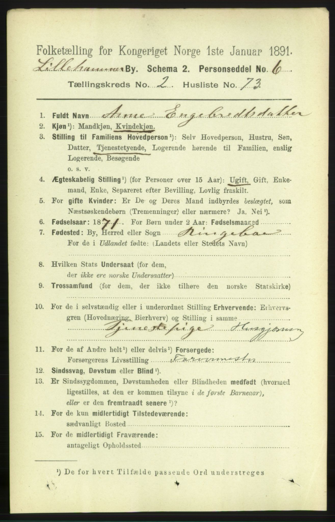 RA, 1891 census for 0501 Lillehammer, 1891, p. 1991