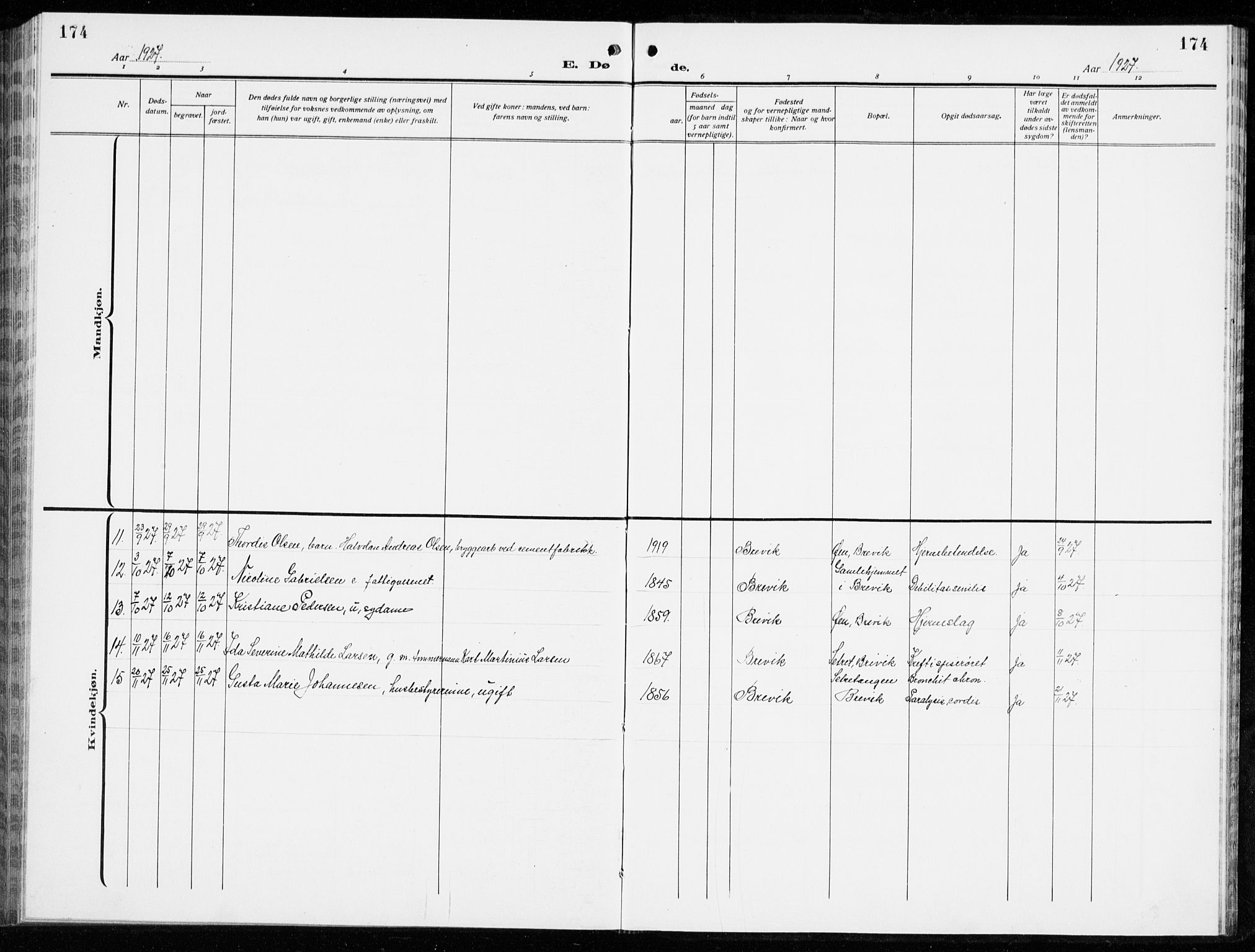 Brevik kirkebøker, SAKO/A-255/G/Ga/L0006: Parish register (copy) no. 6, 1922-1940, p. 174