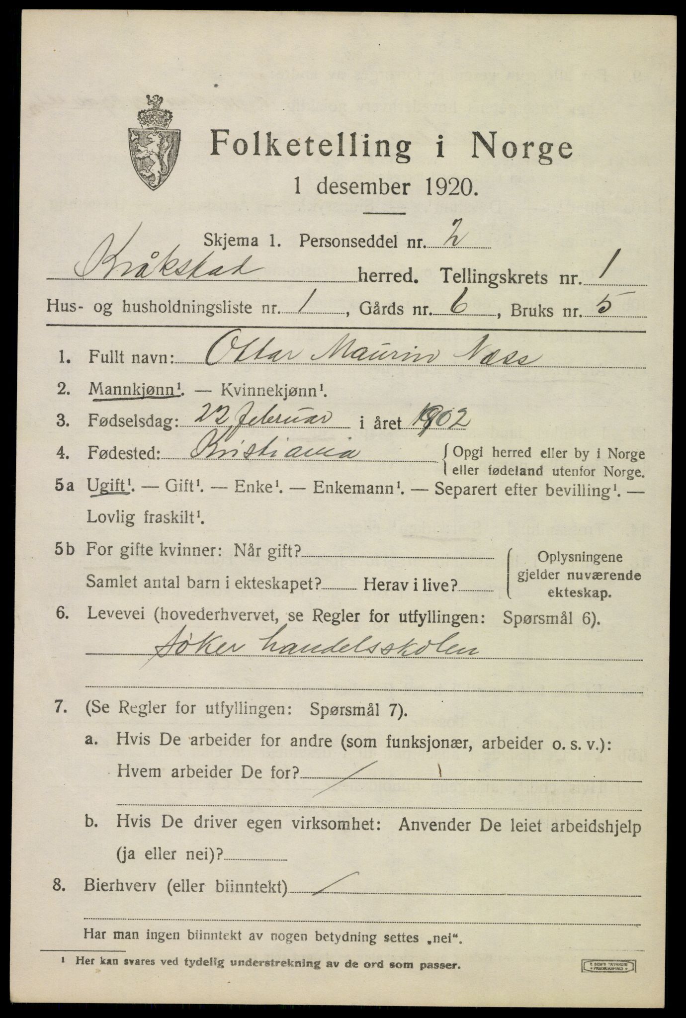 SAO, 1920 census for Kråkstad, 1920, p. 1603