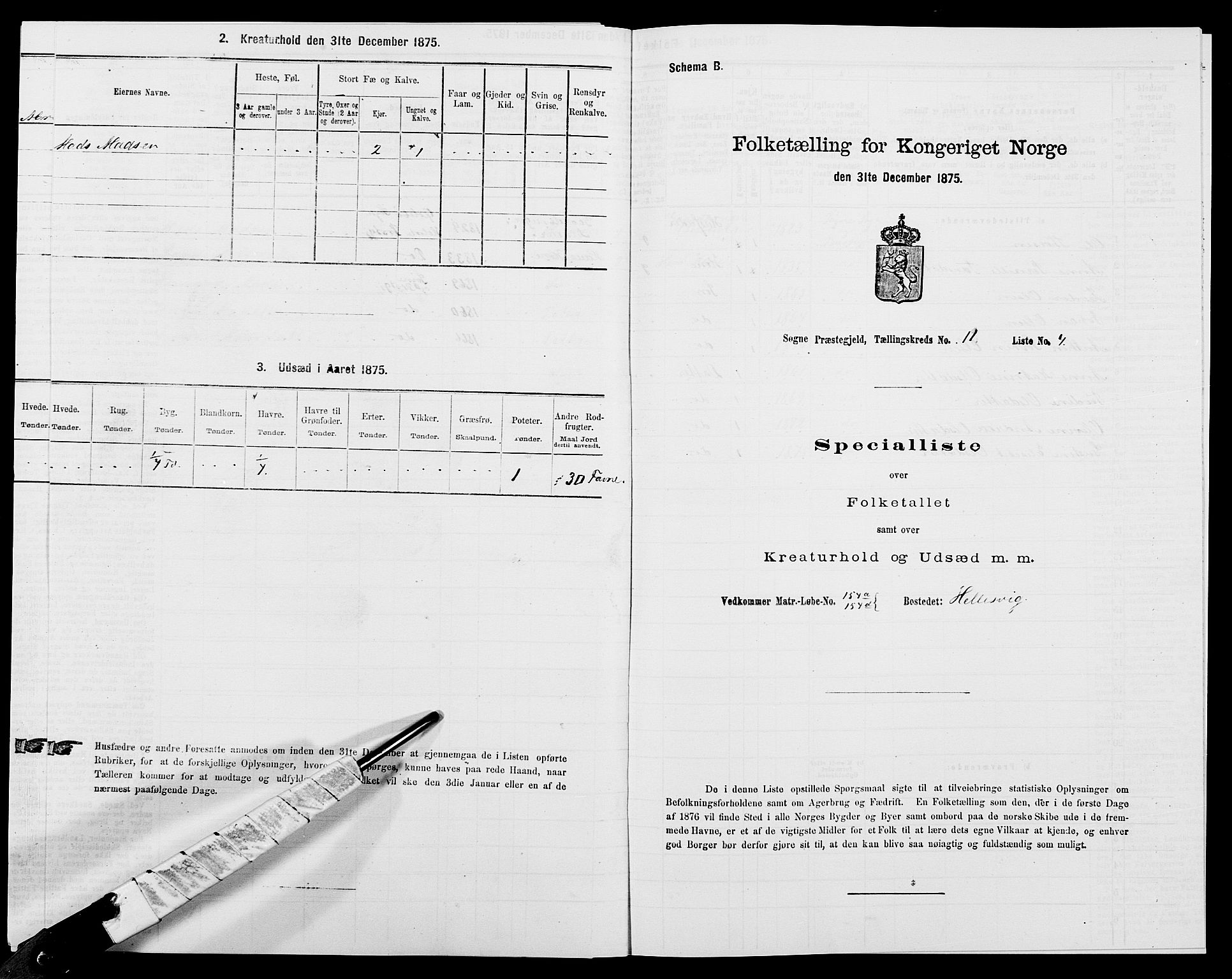 SAK, 1875 census for 1018P Søgne, 1875, p. 843