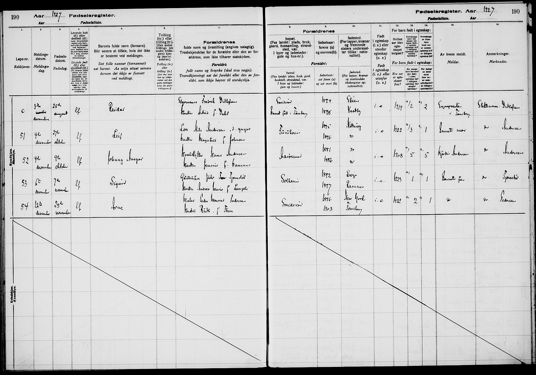 Nøtterøy kirkebøker, AV/SAKO-A-354/J/Ja/L0001: Birth register no. 1, 1916-1928, p. 190