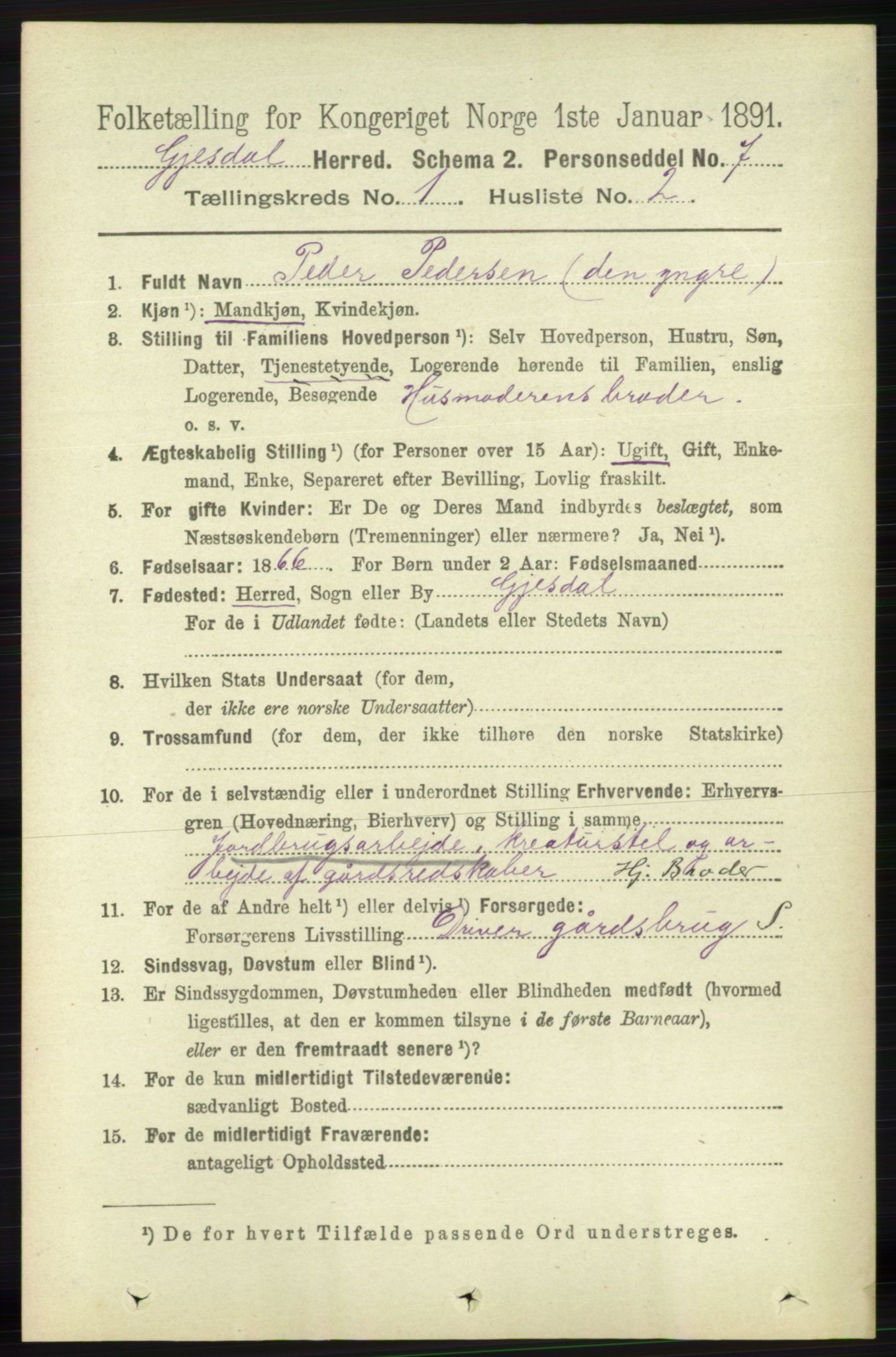 RA, 1891 census for 1122 Gjesdal, 1891, p. 71