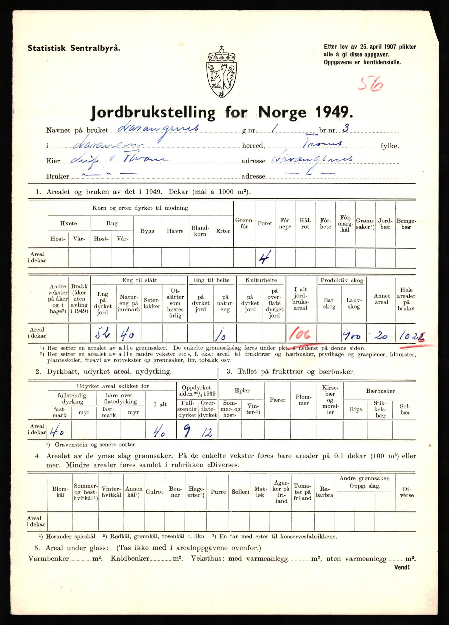 Statistisk sentralbyrå, Næringsøkonomiske emner, Jordbruk, skogbruk, jakt, fiske og fangst, AV/RA-S-2234/G/Gc/L0437: Troms: Gratangen og Lavangen, 1949, p. 597