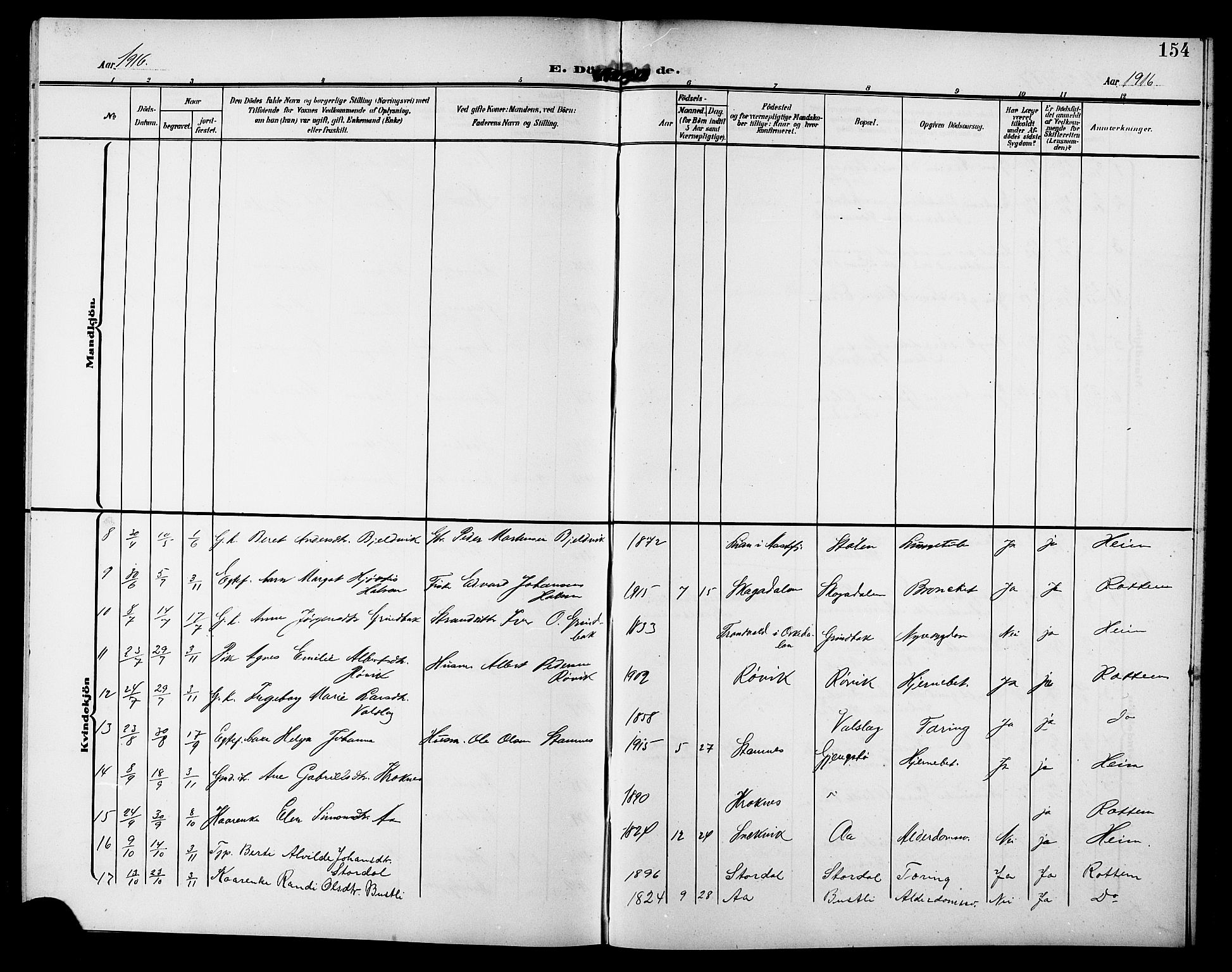 Ministerialprotokoller, klokkerbøker og fødselsregistre - Sør-Trøndelag, AV/SAT-A-1456/633/L0520: Parish register (copy) no. 633C02, 1906-1921, p. 154