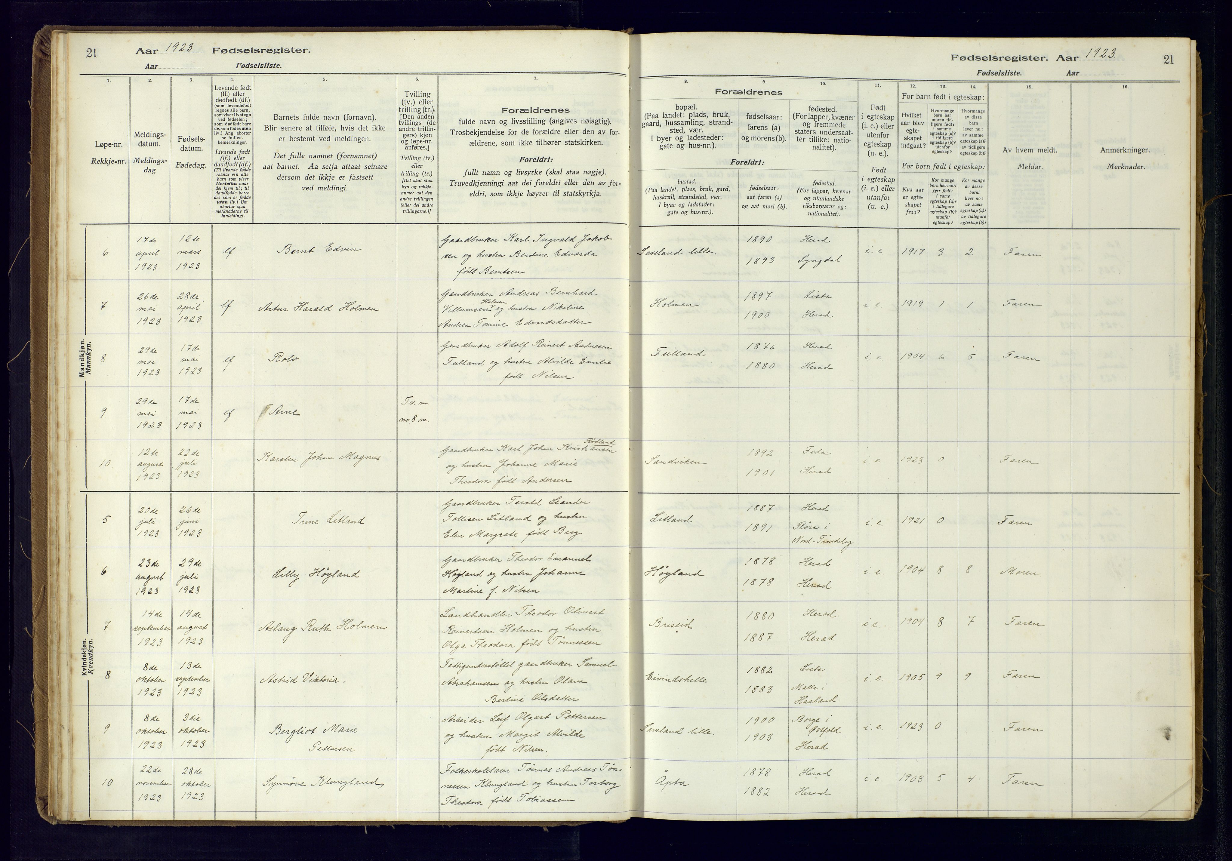 Herad sokneprestkontor, AV/SAK-1111-0018/J/Ja/L0001: Birth register no. A-VI-12, 1916-1981, p. 21