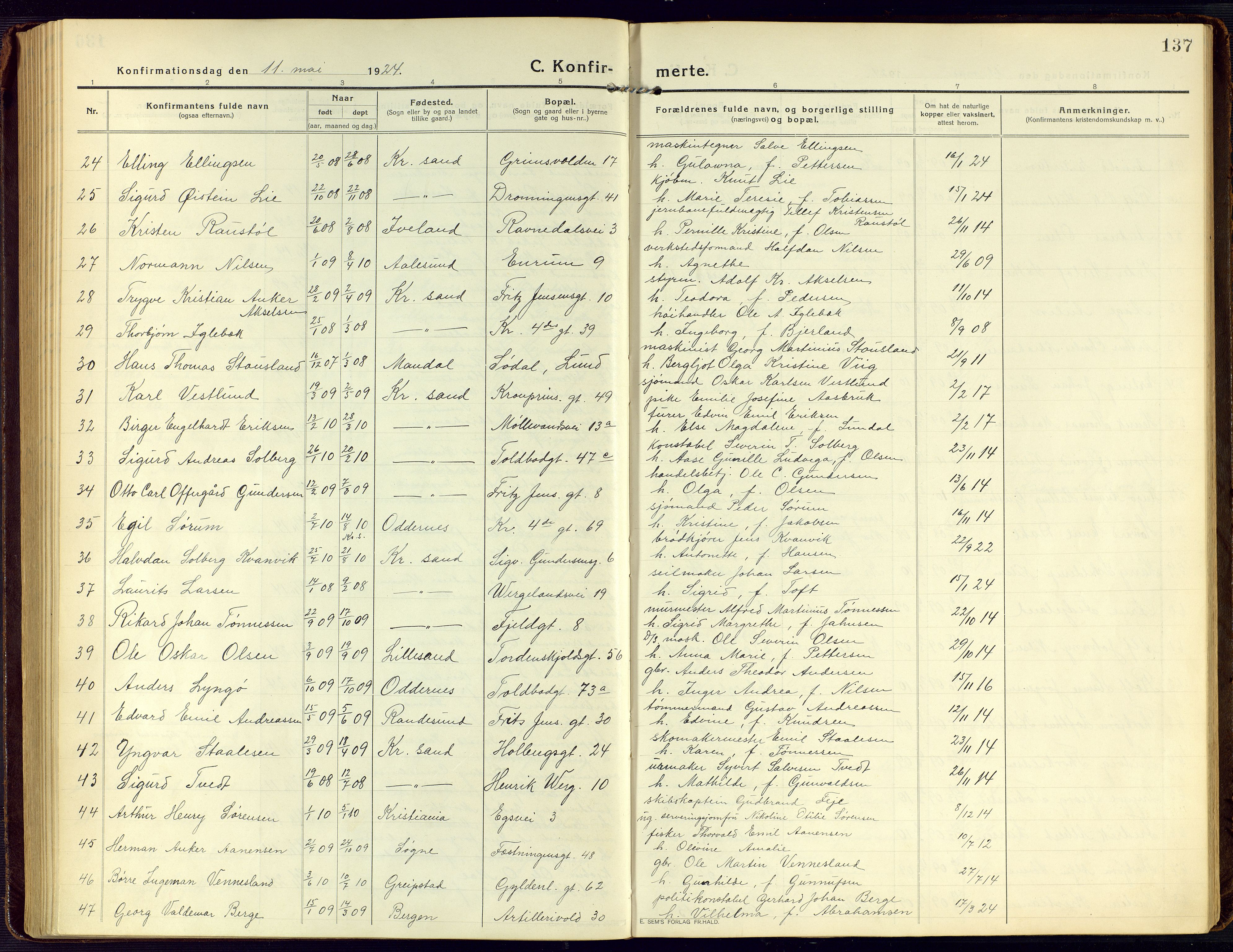 Kristiansand domprosti, SAK/1112-0006/F/Fa/L0026: Parish register (official) no. A 25, 1916-1928, p. 137