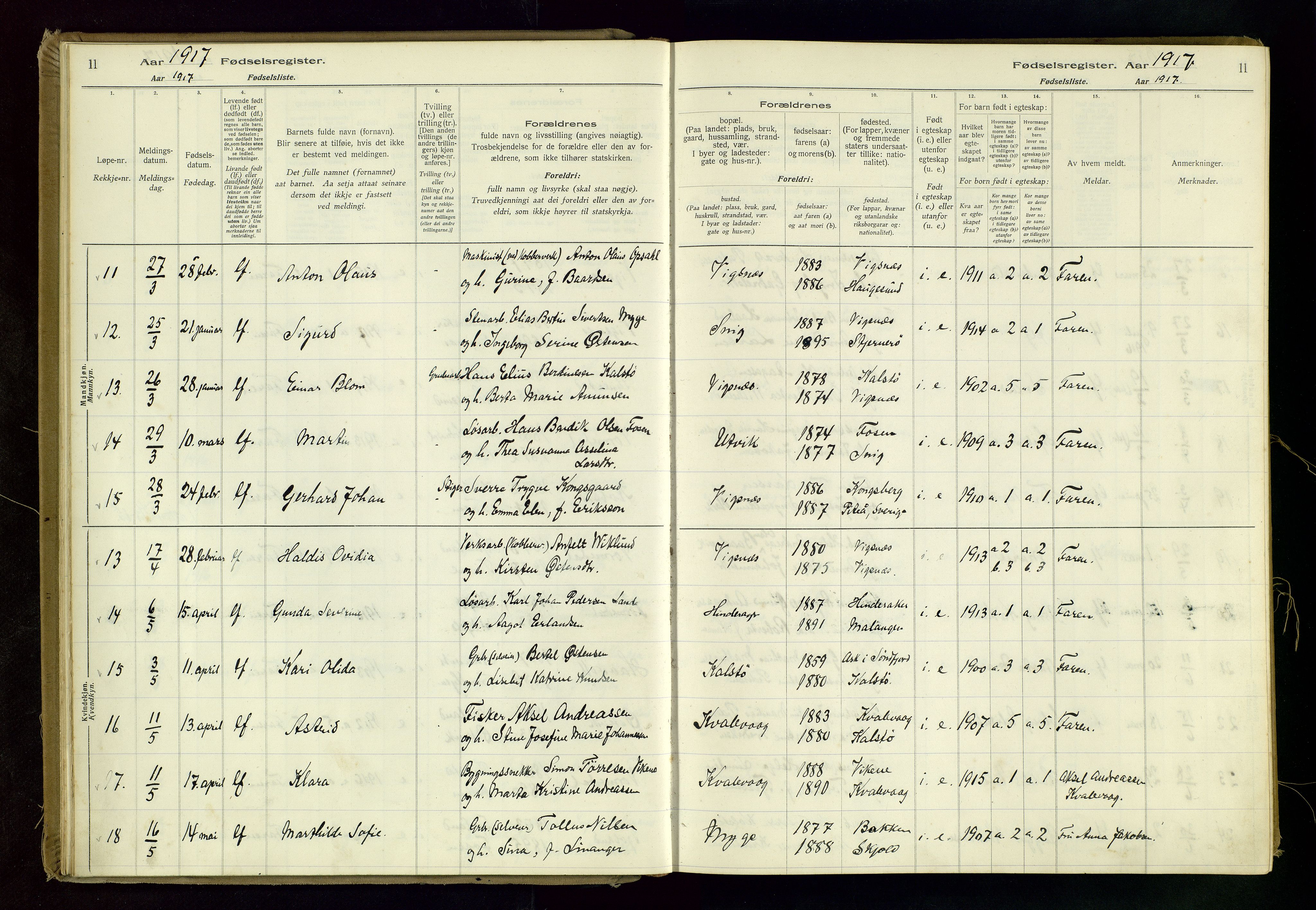 Avaldsnes sokneprestkontor, AV/SAST-A -101851/I/Id/L0001: Birth register no. 1, 1916-1946, p. 11