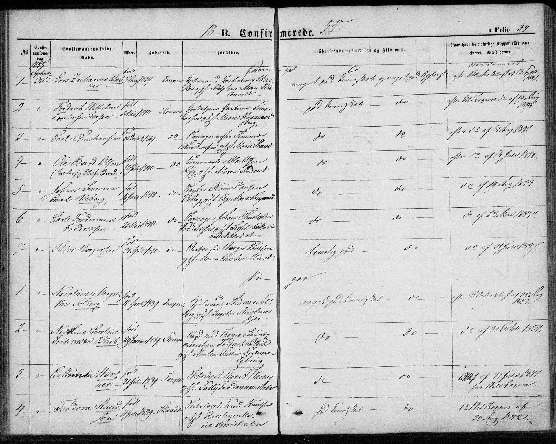 Strømsø kirkebøker, AV/SAKO-A-246/F/Fa/L0017: Parish register (official) no. I 17, 1848-1865, p. 39