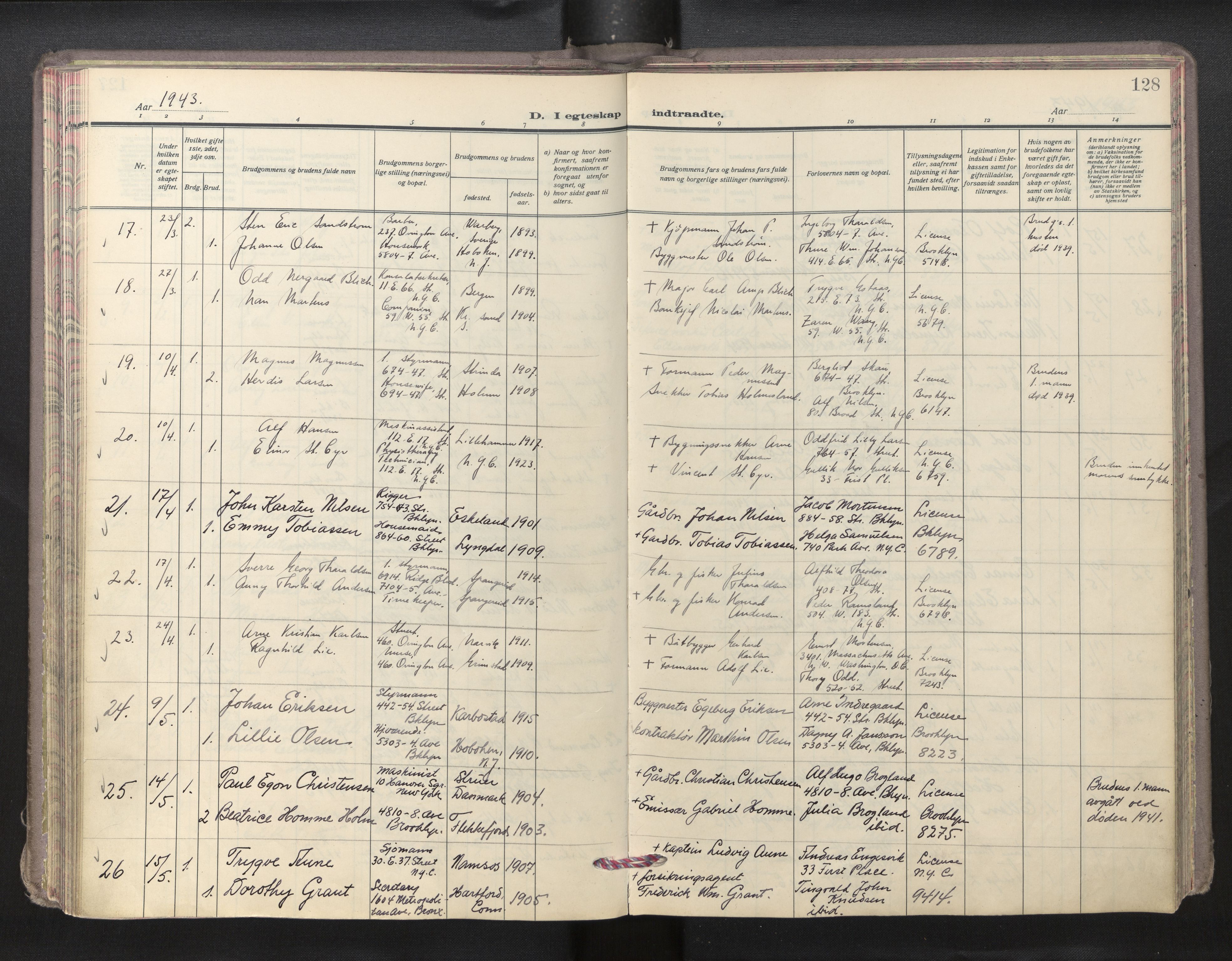 Den norske sjømannsmisjon i utlandet/New York, AV/SAB-SAB/PA-0110/H/Ha/L0009: Parish register (official) no. A 9, 1935-1945, p. 127b-128a