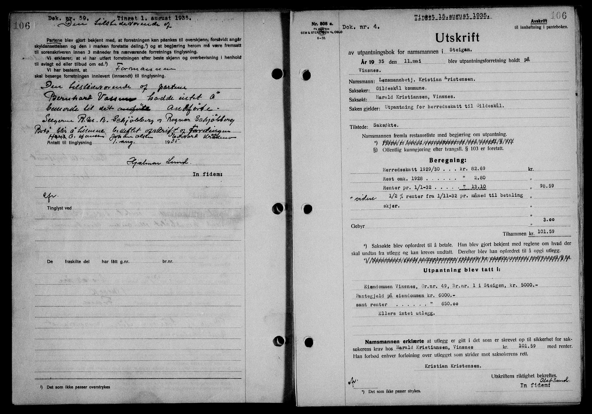 Steigen og Ofoten sorenskriveri, SAT/A-0030/1/2/2C/L0026: Mortgage book no. 30, 1935-1936, Deed date: 15.08.1935