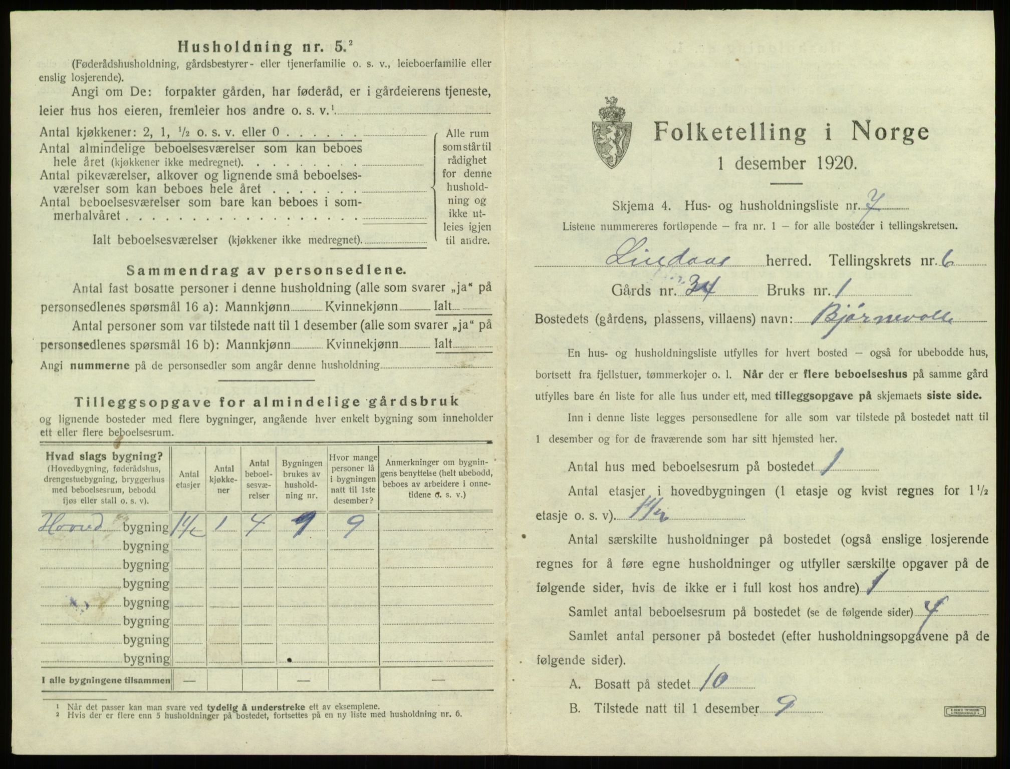 SAB, 1920 census for Lindås, 1920, p. 390