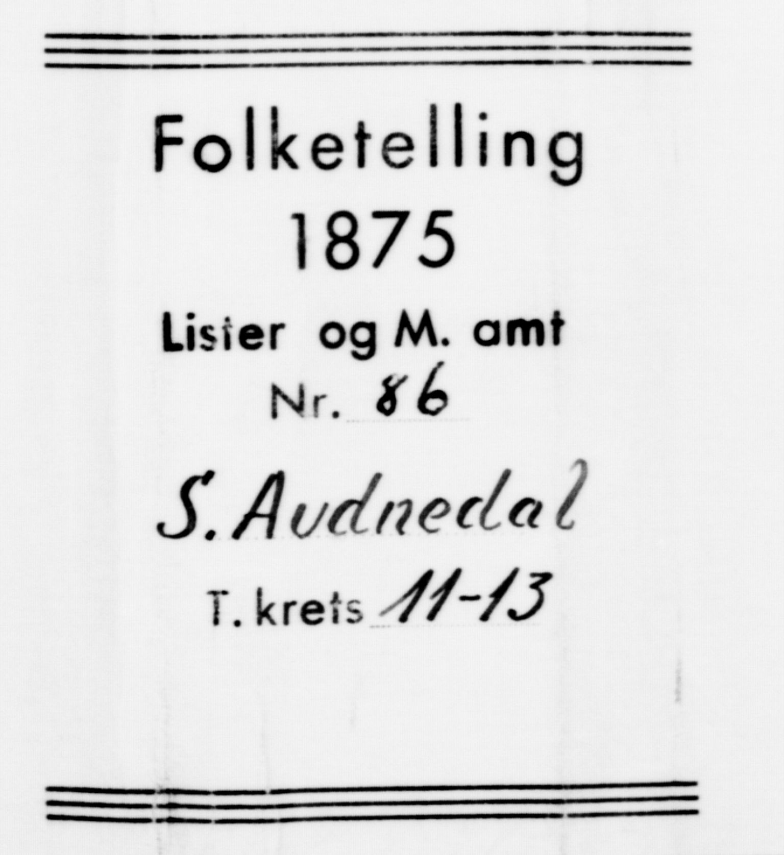 SAK, 1875 census for 1029P Sør-Audnedal, 1875, p. 1530