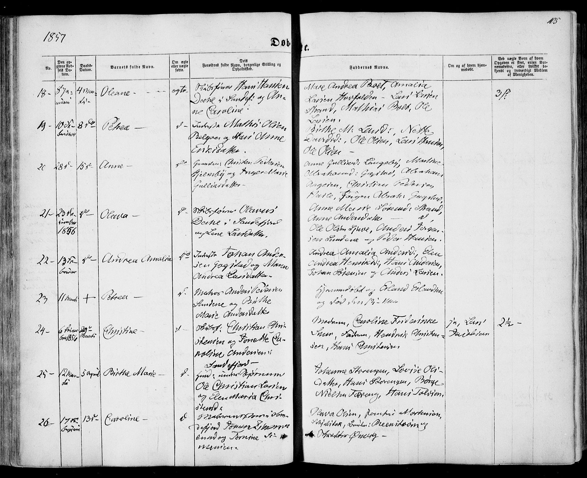Sandar kirkebøker, SAKO/A-243/F/Fa/L0007: Parish register (official) no. 7, 1855-1861, p. 105