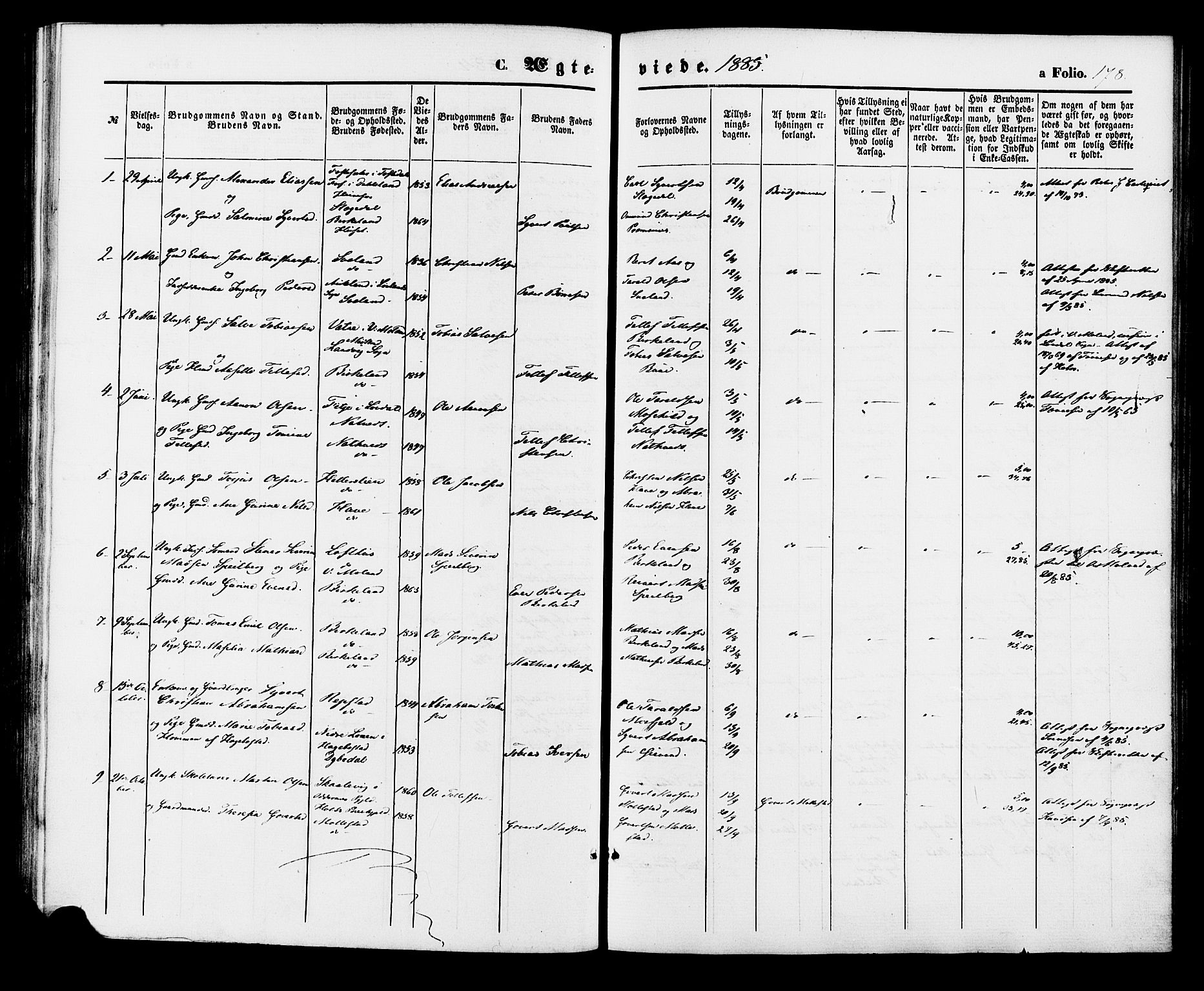 Birkenes sokneprestkontor, AV/SAK-1111-0004/F/Fa/L0004: Parish register (official) no. A 4, 1867-1886, p. 178