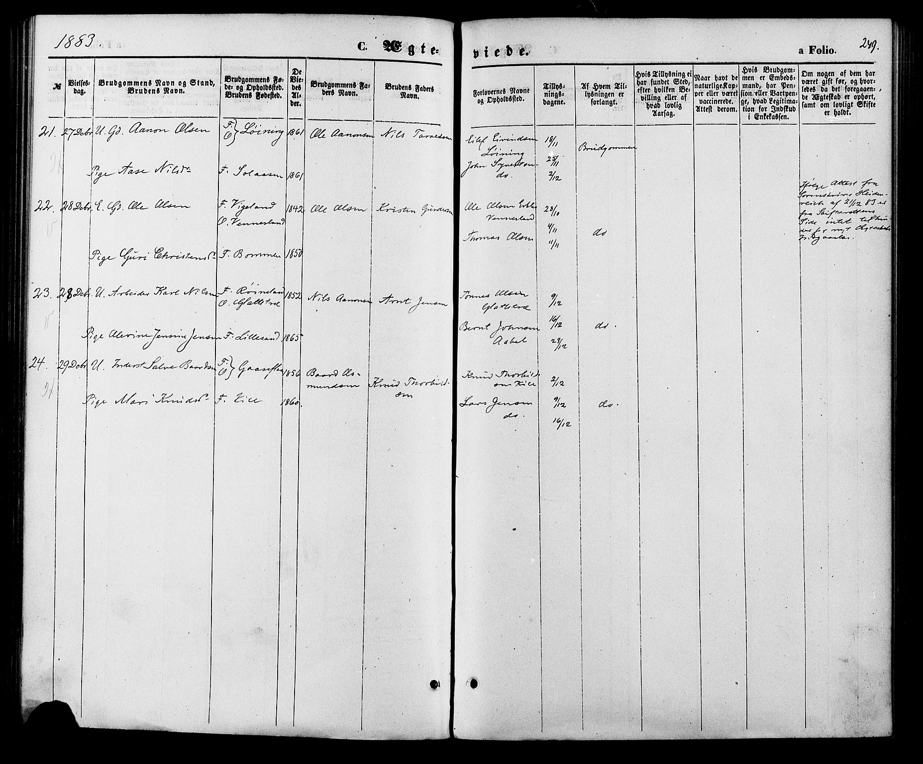 Vennesla sokneprestkontor, AV/SAK-1111-0045/Fa/Fac/L0008: Parish register (official) no. A 8, 1874-1883, p. 249