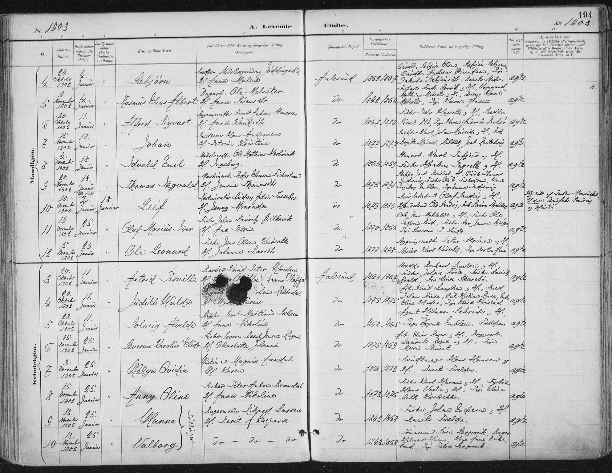 Ministerialprotokoller, klokkerbøker og fødselsregistre - Møre og Romsdal, SAT/A-1454/529/L0456: Parish register (official) no. 529A06, 1894-1906, p. 194
