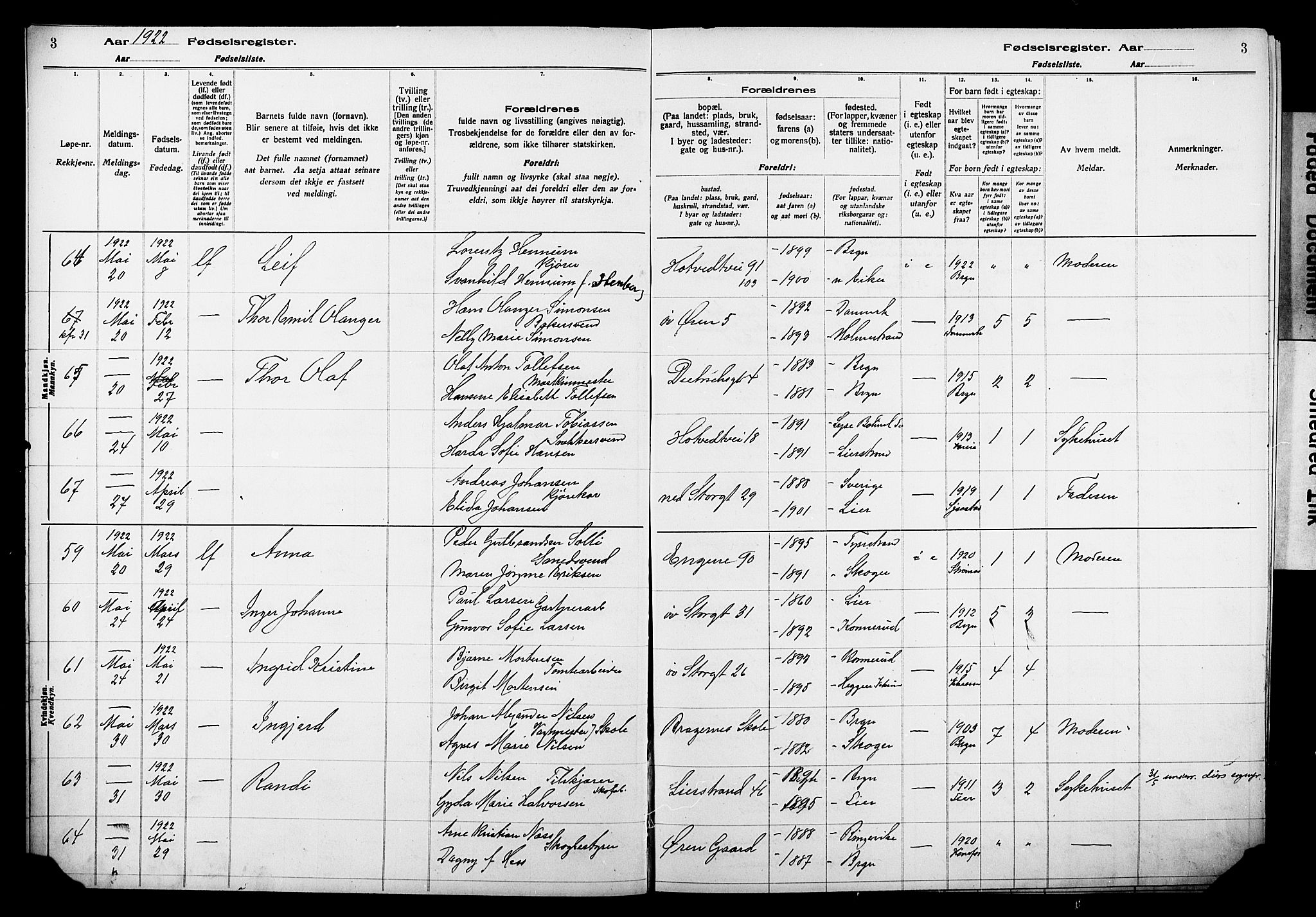 Bragernes kirkebøker, AV/SAKO-A-6/J/Ja/L0002: Birth register no. 2, 1922-1930, p. 3