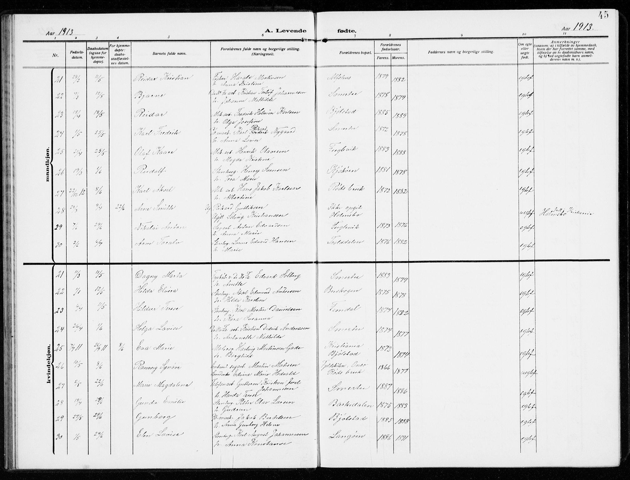 Kråkerøy prestekontor Kirkebøker, AV/SAO-A-10912/G/Ga/L0001: Parish register (copy) no. 1, 1908-1944, p. 45