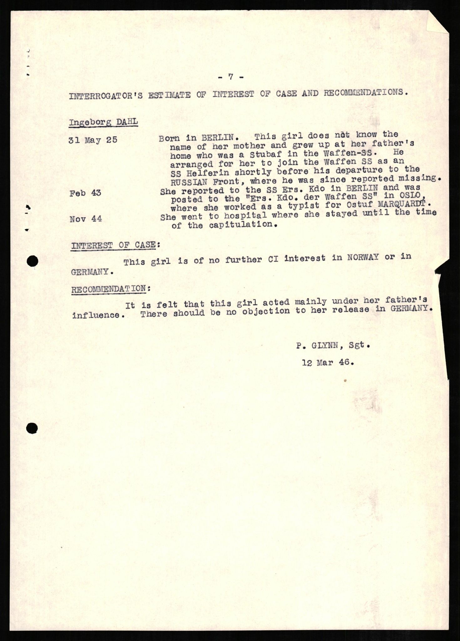 Forsvaret, Forsvarets overkommando II, RA/RAFA-3915/D/Db/L0005: CI Questionaires. Tyske okkupasjonsstyrker i Norge. Tyskere., 1945-1946, p. 327