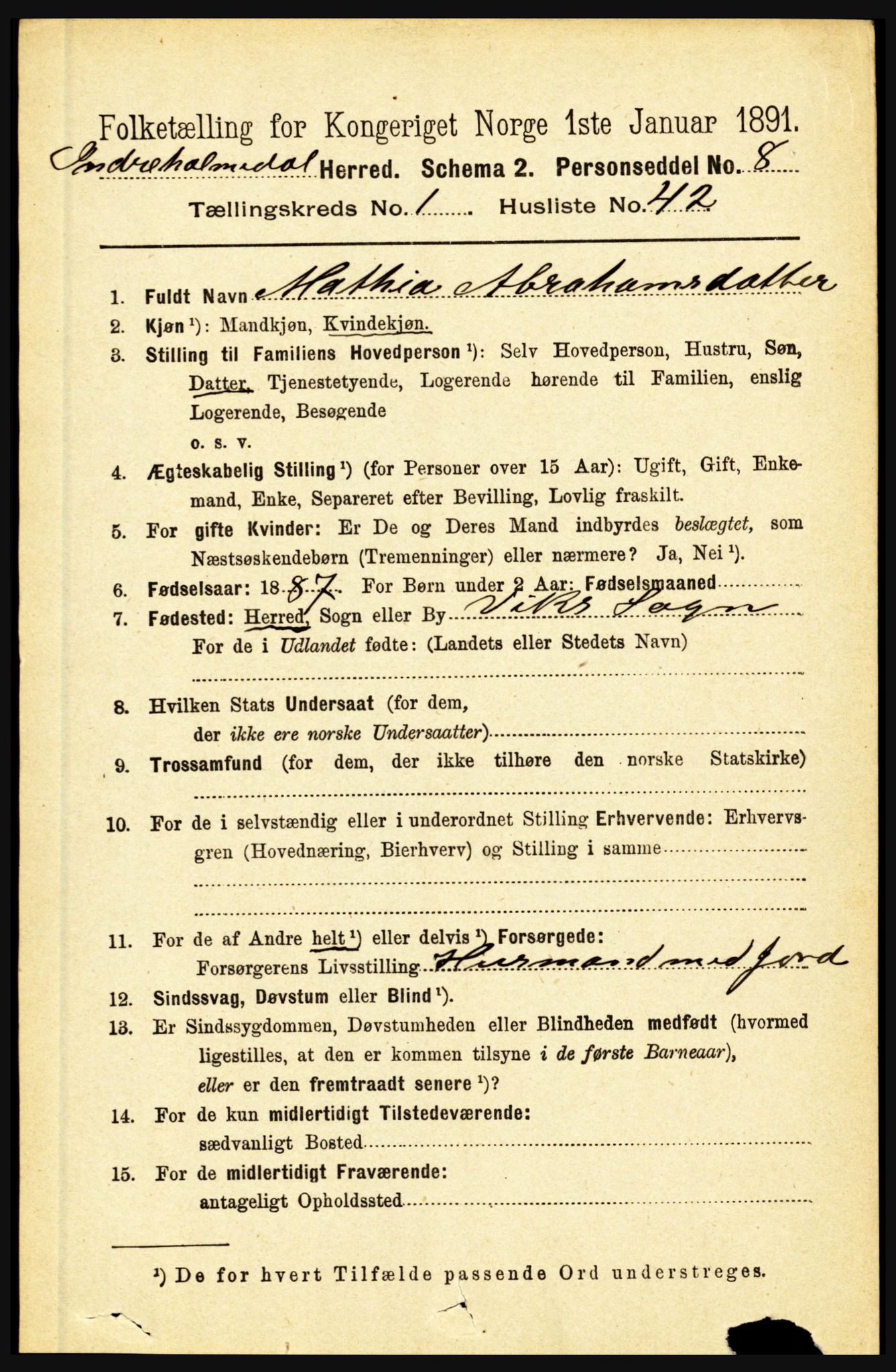 RA, 1891 census for 1430 Indre Holmedal, 1891, p. 395