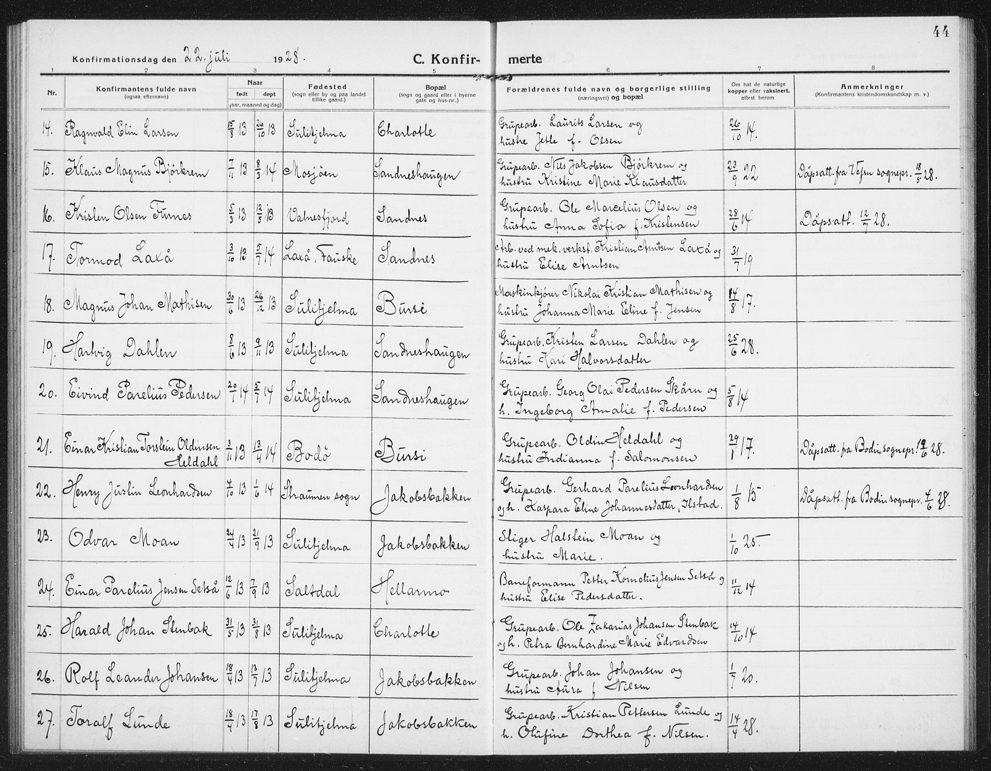 Ministerialprotokoller, klokkerbøker og fødselsregistre - Nordland, AV/SAT-A-1459/850/L0717: Parish register (copy) no. 850C01, 1915-1941, p. 44