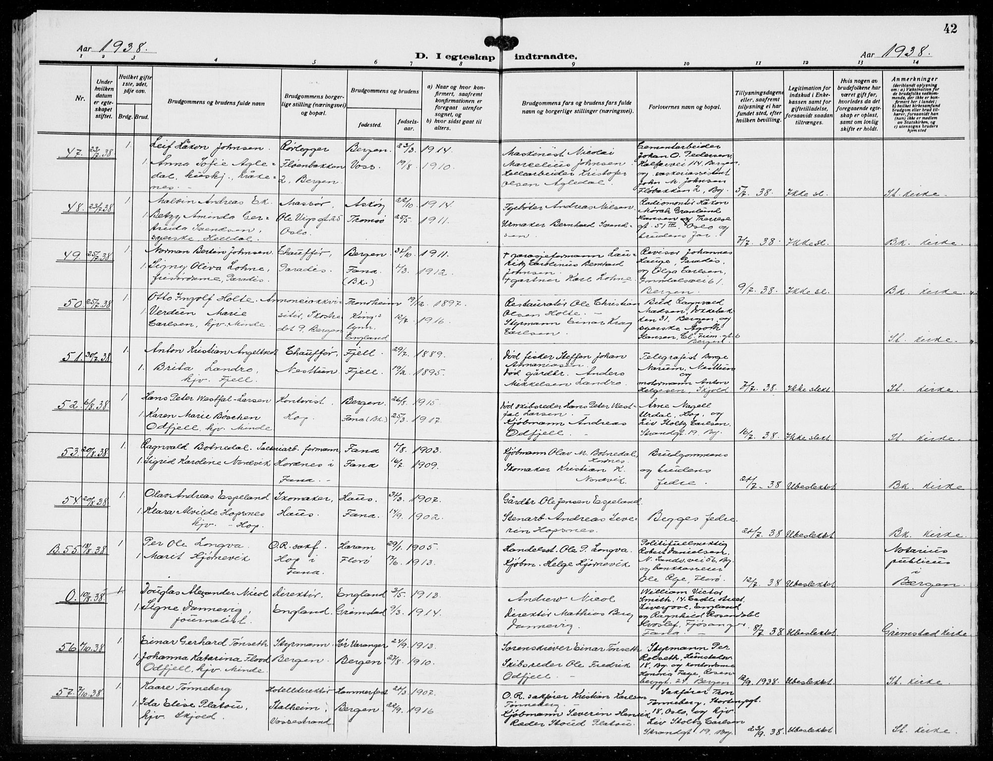 Birkeland Sokneprestembete, AV/SAB-A-74601/H/Hab: Parish register (copy) no. A 11, 1932-1939, p. 42