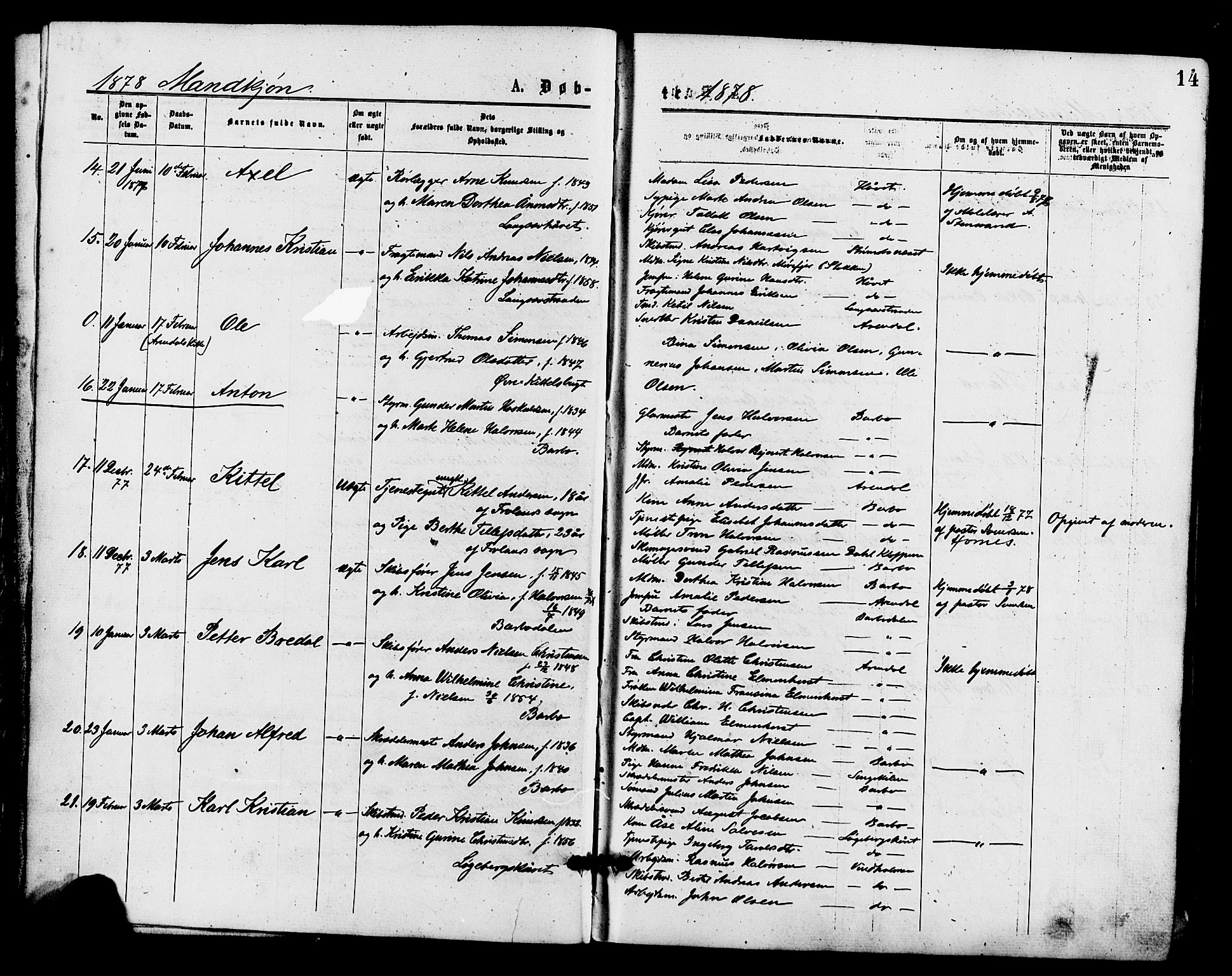 Barbu sokneprestkontor, SAK/1111-0003/F/Fa/L0001: Parish register (official) no. A 1 /1, 1878-1883, p. 14