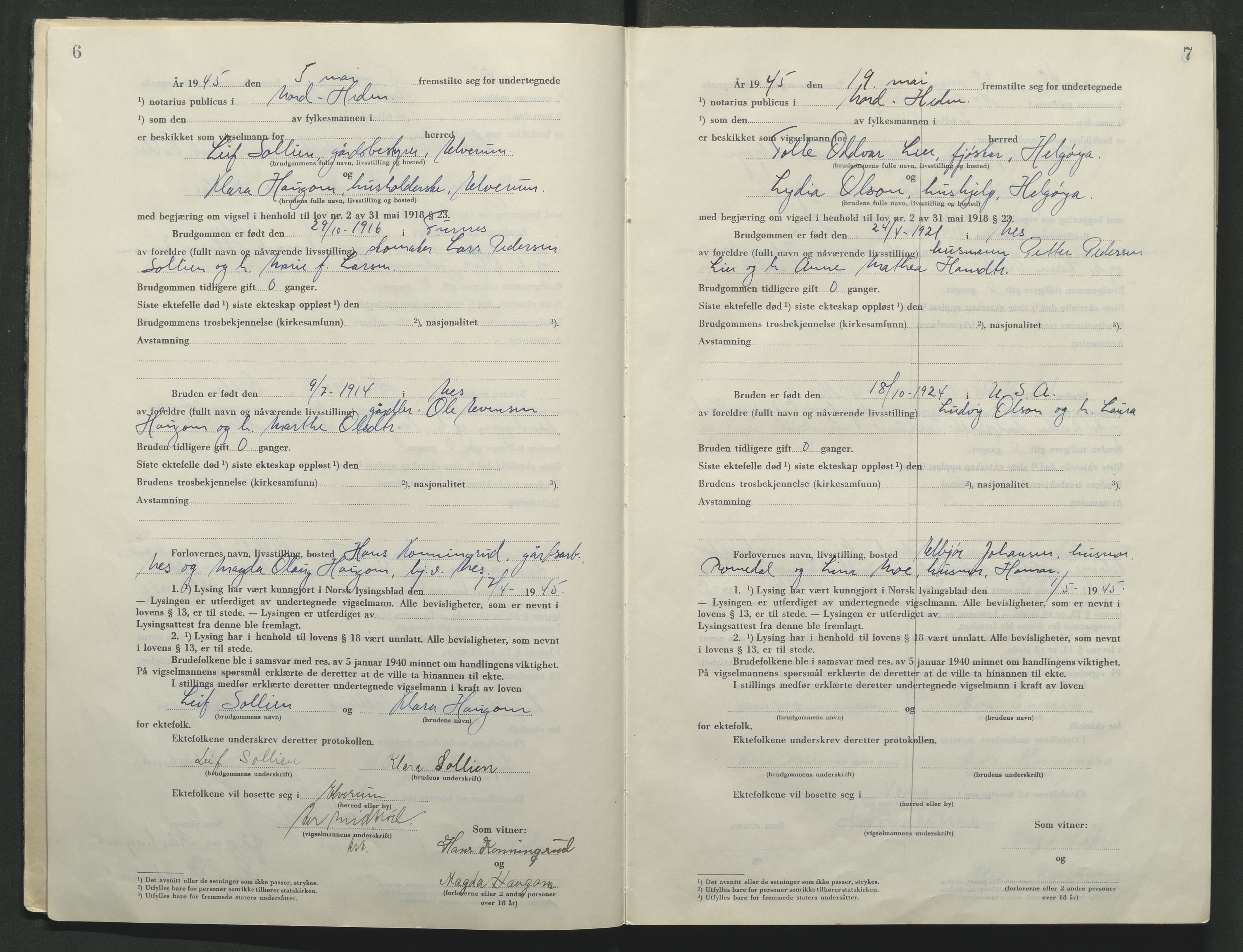 Nord-Hedmark sorenskriveri, AV/SAH-TING-012/L/Lc/L0001/0005: Vigselsprotokoller / Vigselsprotokoll, 1945-1953, p. 6-7