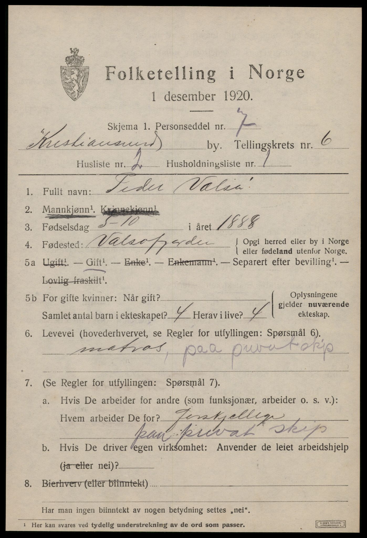 SAT, 1920 census for Kristiansund, 1920, p. 17049