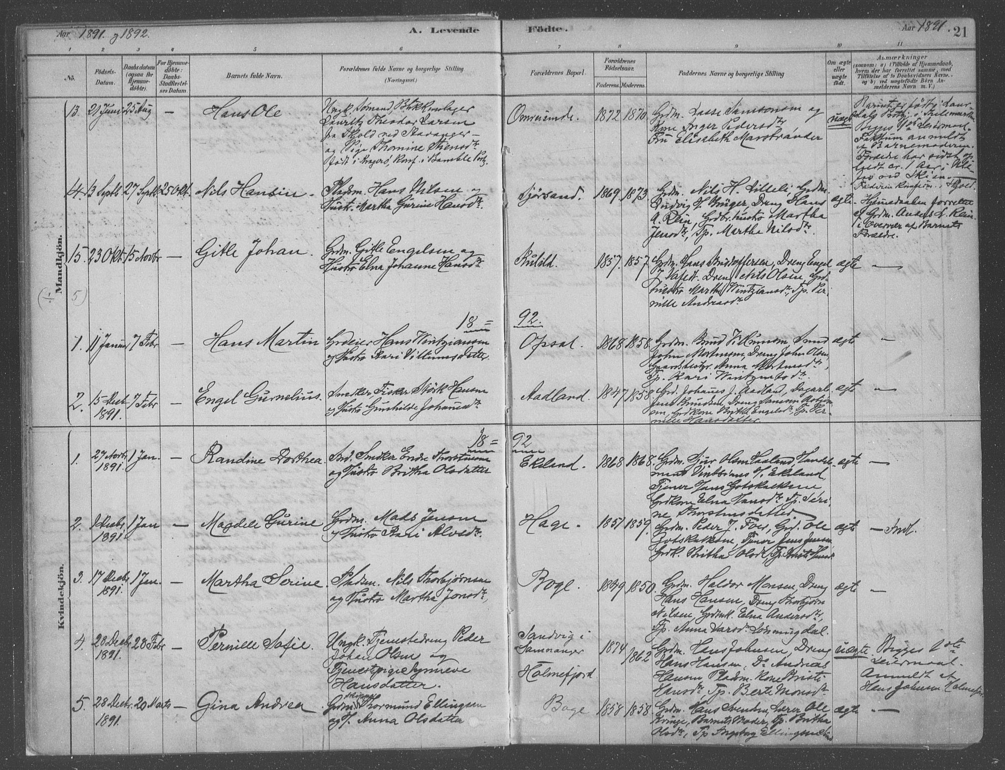 Fusa sokneprestembete, AV/SAB-A-75401/H/Haa: Parish register (official) no. B 1, 1880-1938, p. 21