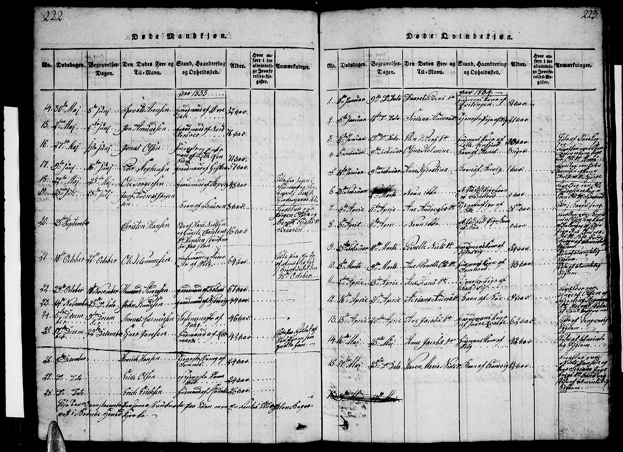 Ministerialprotokoller, klokkerbøker og fødselsregistre - Nordland, SAT/A-1459/812/L0186: Parish register (copy) no. 812C04, 1820-1849, p. 222-223