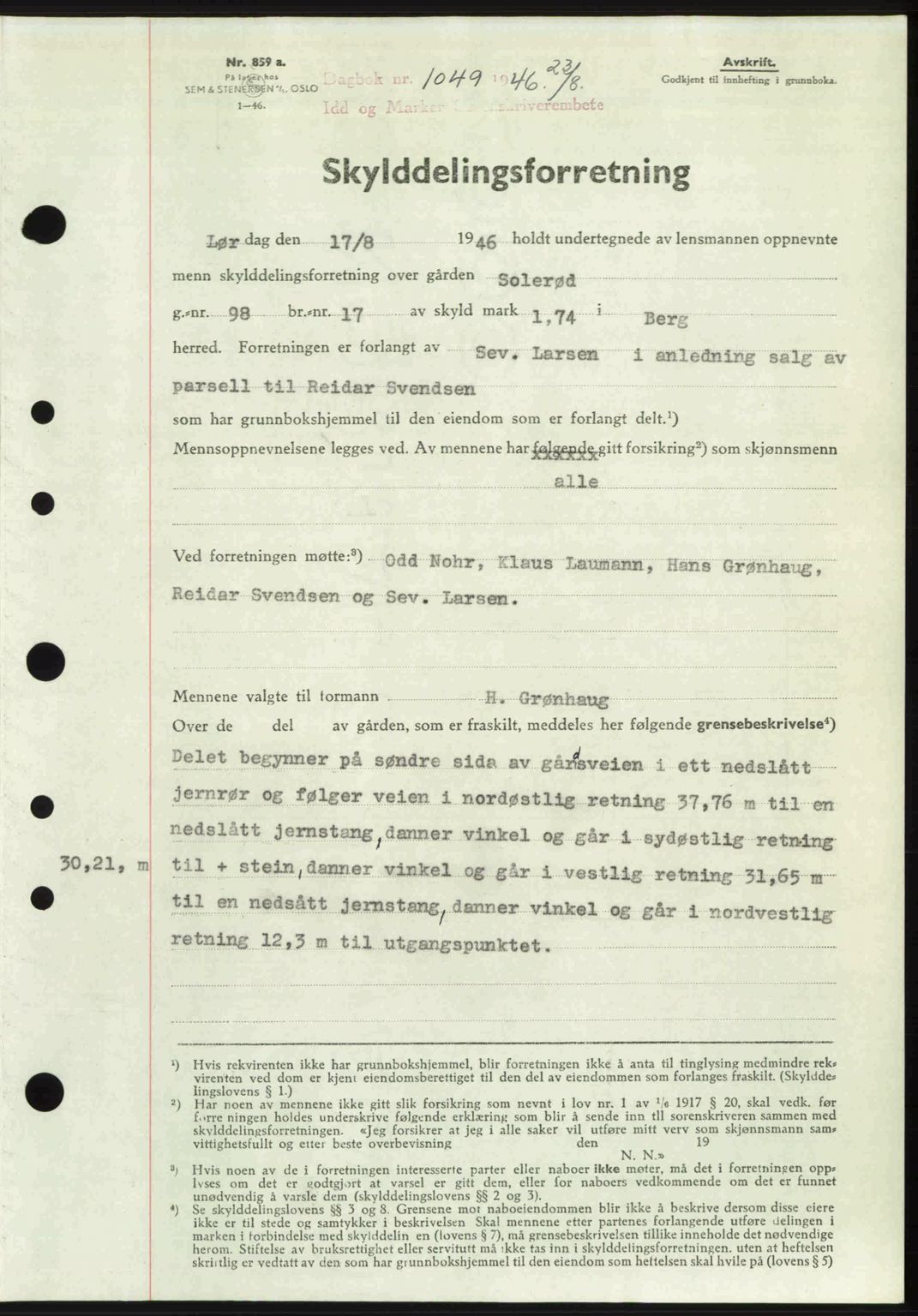 Idd og Marker sorenskriveri, AV/SAO-A-10283/G/Gb/Gbb/L0008: Mortgage book no. A8, 1946-1946, Diary no: : 1049/1946