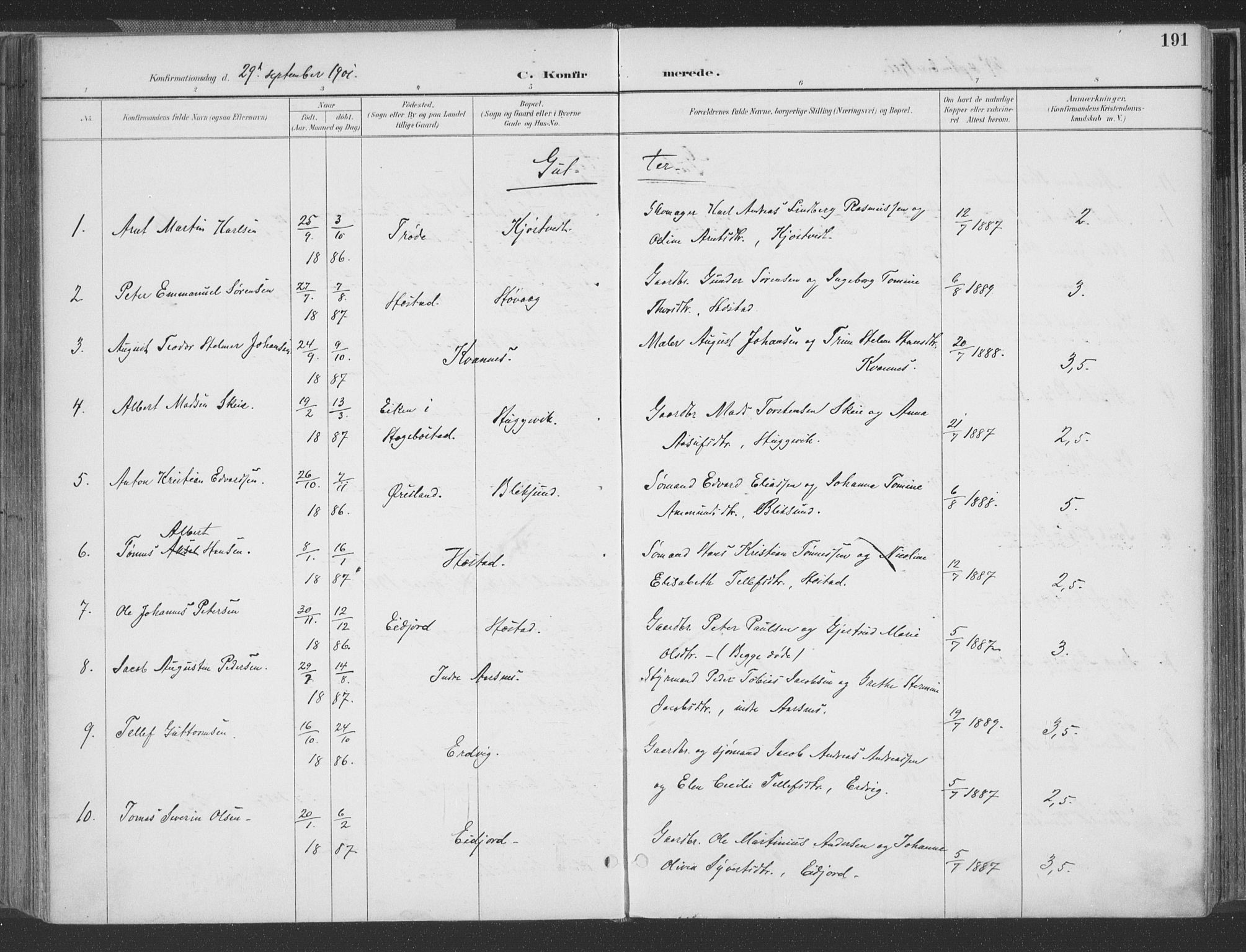 Høvåg sokneprestkontor, AV/SAK-1111-0025/F/Fa/L0006: Parish register (official) no. A 6, 1894-1923, p. 191