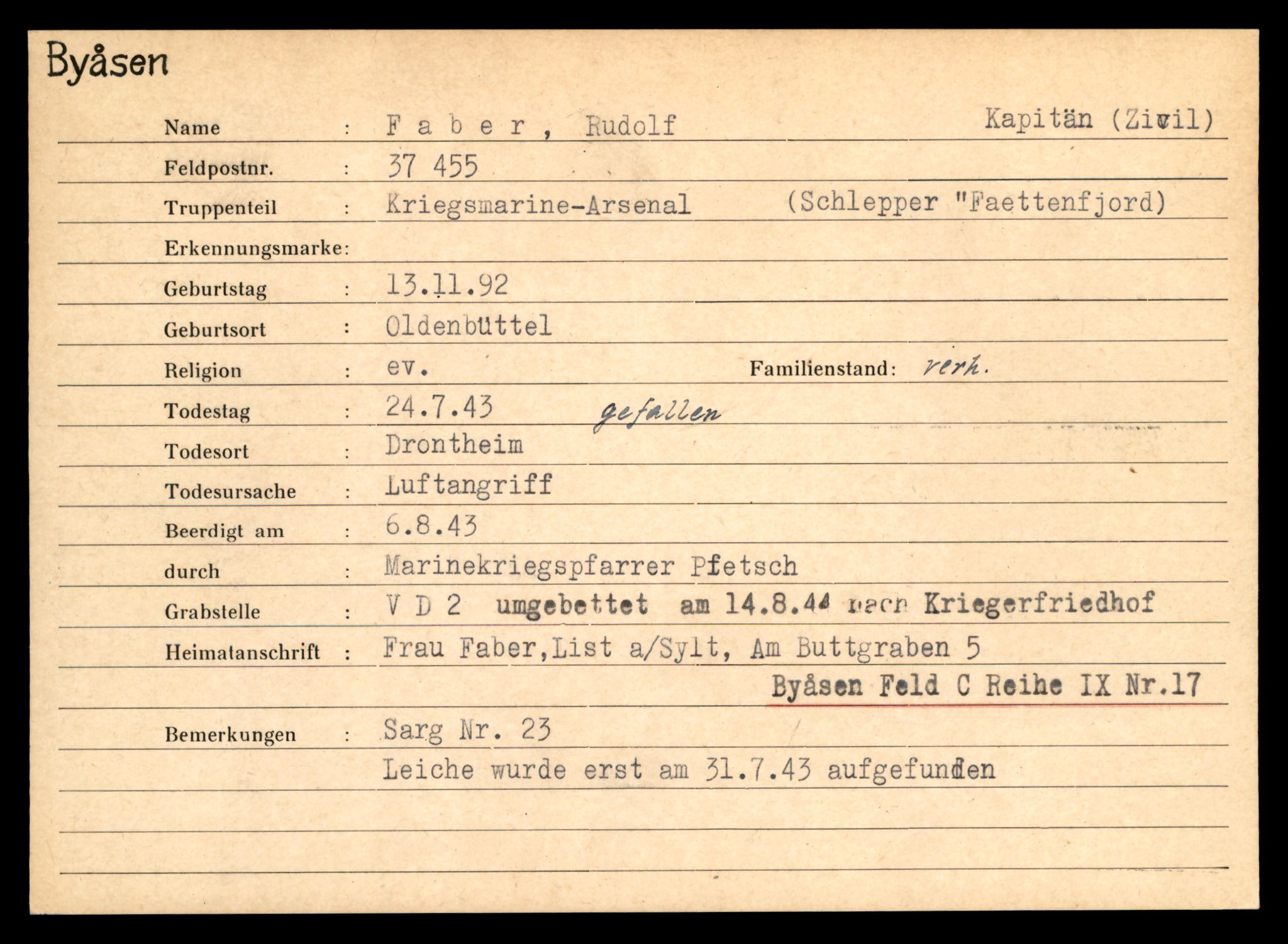 Distriktskontoret for krigsgraver, AV/SAT-A-5030/E/L0004: Kasett/kartotek over tysk Krigskirkegård på Byåsen, 1945, p. 377