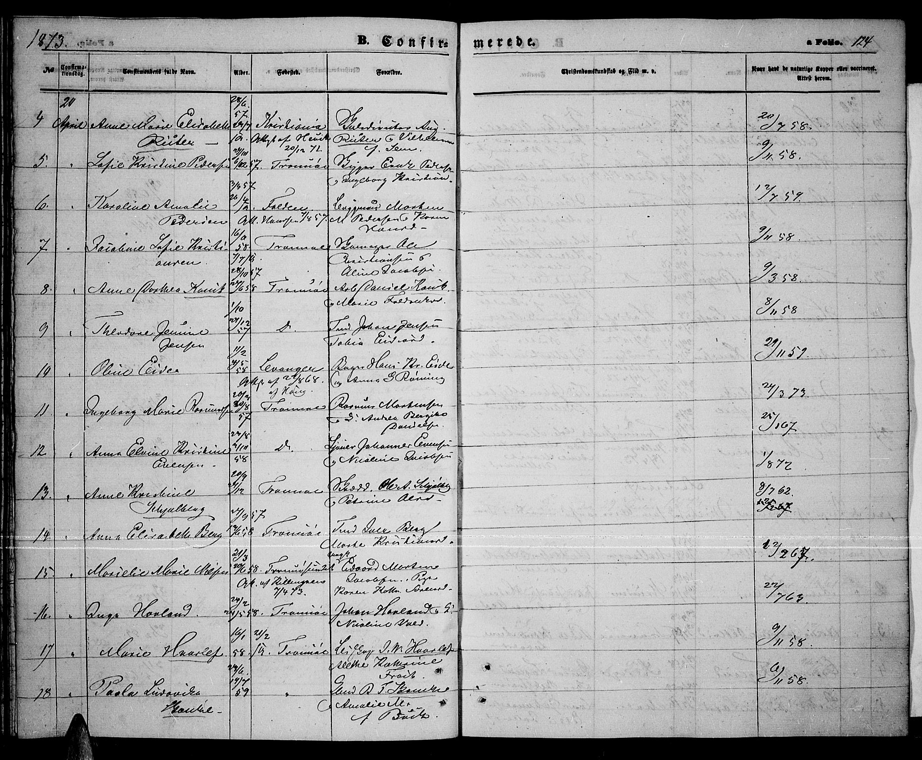 Tromsø sokneprestkontor/stiftsprosti/domprosti, AV/SATØ-S-1343/G/Gb/L0007klokker: Parish register (copy) no. 7, 1867-1875, p. 124
