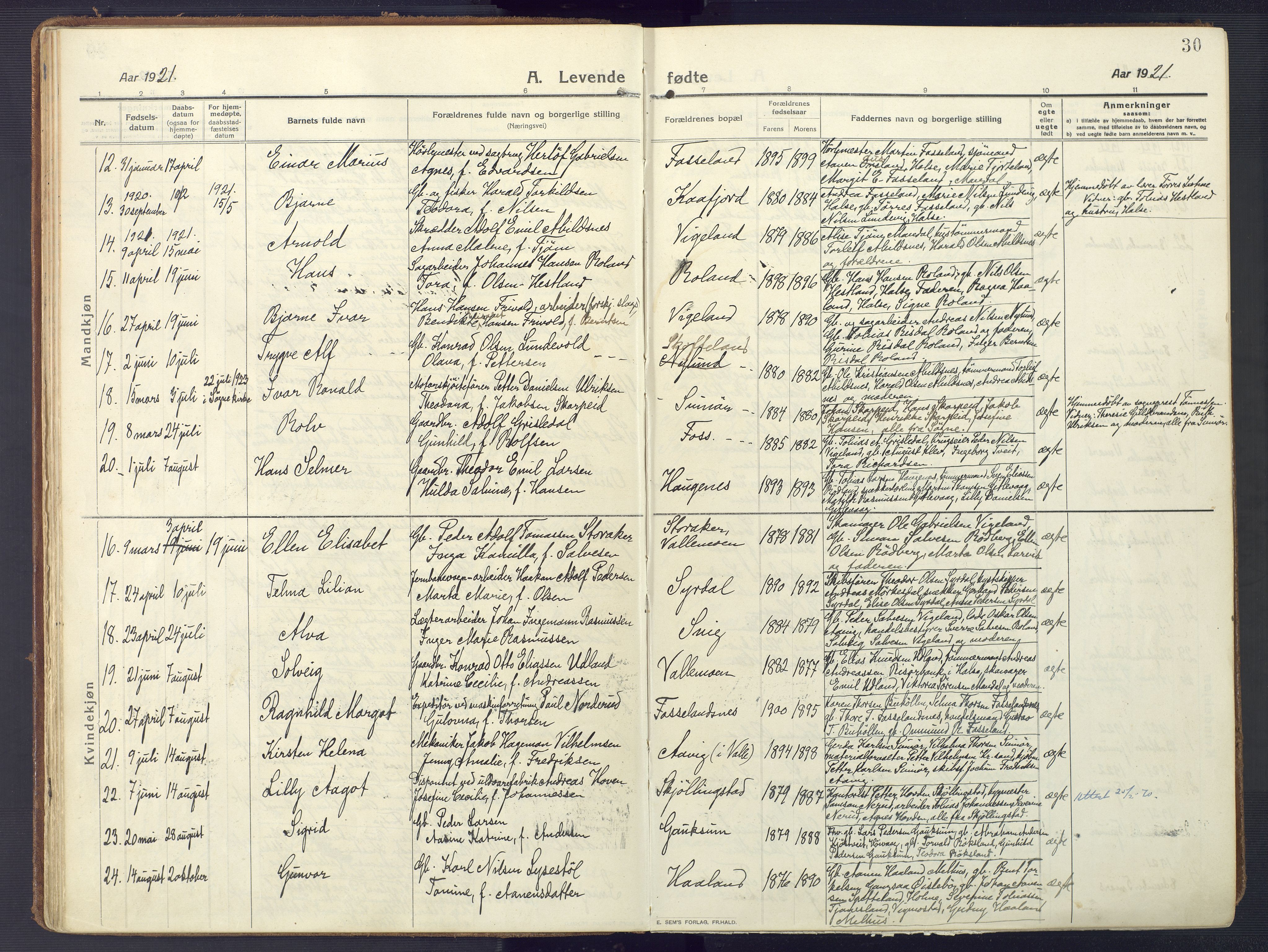 Sør-Audnedal sokneprestkontor, AV/SAK-1111-0039/F/Fa/Fab/L0011: Parish register (official) no. A 11, 1912-1938, p. 30